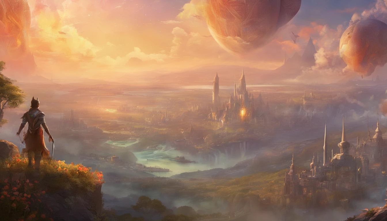 Middle-aged guy, Smile restrained, Teeth are not visible, is looking at the camera, Detailed portrait, An open look, joying, jour, Warm tones, Against the background of the city of the future in the distance, Rare, Beautiful, Lungs, air clouds, Sci-Fi, (8K, extra high resolution, Best Quality:1.2)