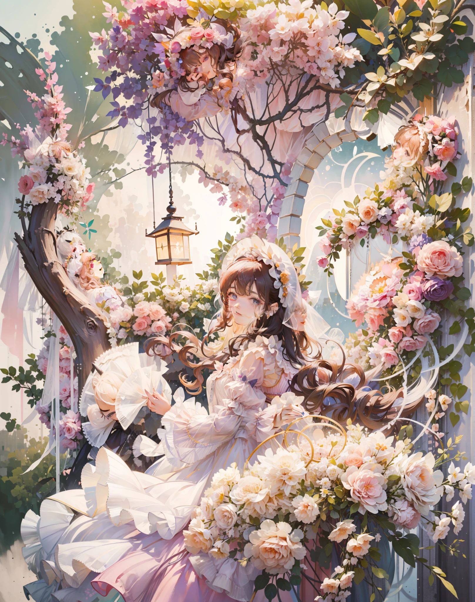 (Extremely delicate and beautiful:1.5),1 girl in European dream garden，full bodyesbian，Sweet face，Light smile，By bangs, Gemstone eyes, Contre-Jour，Long curly hair, ****ta dress, brown  hair, seen from the side, Lanterns, light particules, longer sleeves, looking at viewert，pink bows，独奏