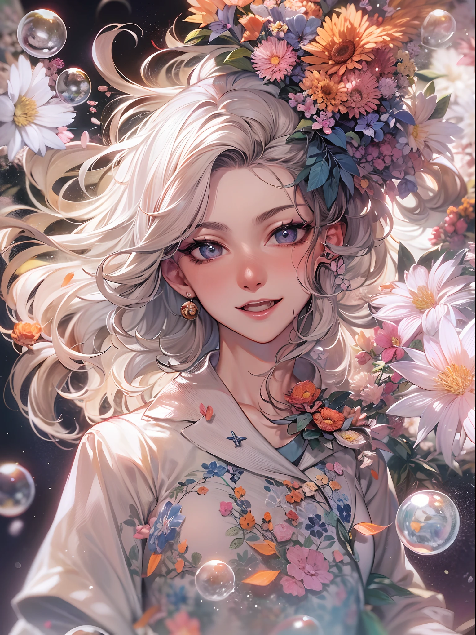 (masutepiece), (Best Quality), (ultra-detailliert),(disheveled hair),(Illustration), (1old lady), Standing, Fashion Model, Looking at Viewer, (interview), (Detailed background),Beautiful detailed eyes, Delicate beautiful face, floating,(High color saturation),(Colorful splashes),colorful bubble,(Shining), Focus on Face, Floating flowers, Floating hairs, (Shining), The best lighting, Best Shadow, 1 Evil Only