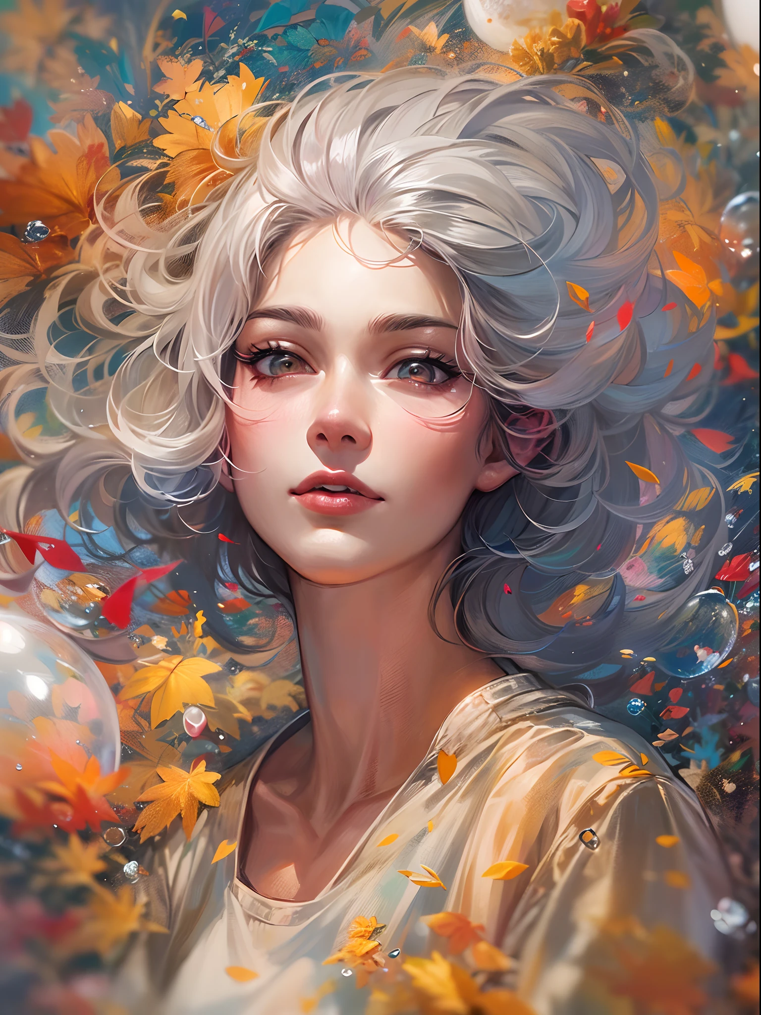 (masutepiece), (Best Quality), (ultra-detailliert),(disheveled hair),(Illustration), (1old lady), Standing, Fashion Model, Looking at Viewer, (interview), (Detailed background),Beautiful detailed eyes, Delicate beautiful face, floating,(High color saturation),(Colorful splashes),colorful bubble,(Shining), Focus on Face, Floating flowers, Floating hairs, (Shining), The best lighting, Best Shadow, 1 Evil Only