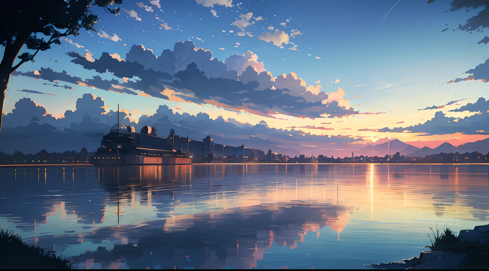 High Quality Masterpiece ,scenecy,Anime train passing through a body of water on the tracks, starrysky。Romantic Train,pixiv,concept-art,Laffy art style,Reflectors。 by makoto shinkai, lofi art, Beautiful anime scenes, Anime landscapes, detailed scenery —width 672, in the style of makoto shinkai, style of makoto shinkai,Detail Enhancement。