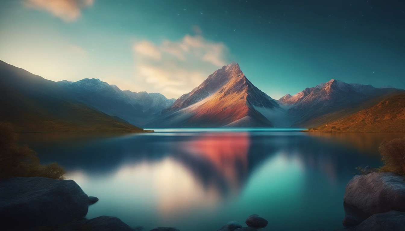 3d rendering of rectangle shape above water, colorful mountain background, mystical,