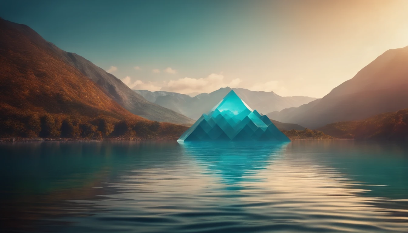 3d rendering of rectangle shape above water, colorful mountain background, mystical,