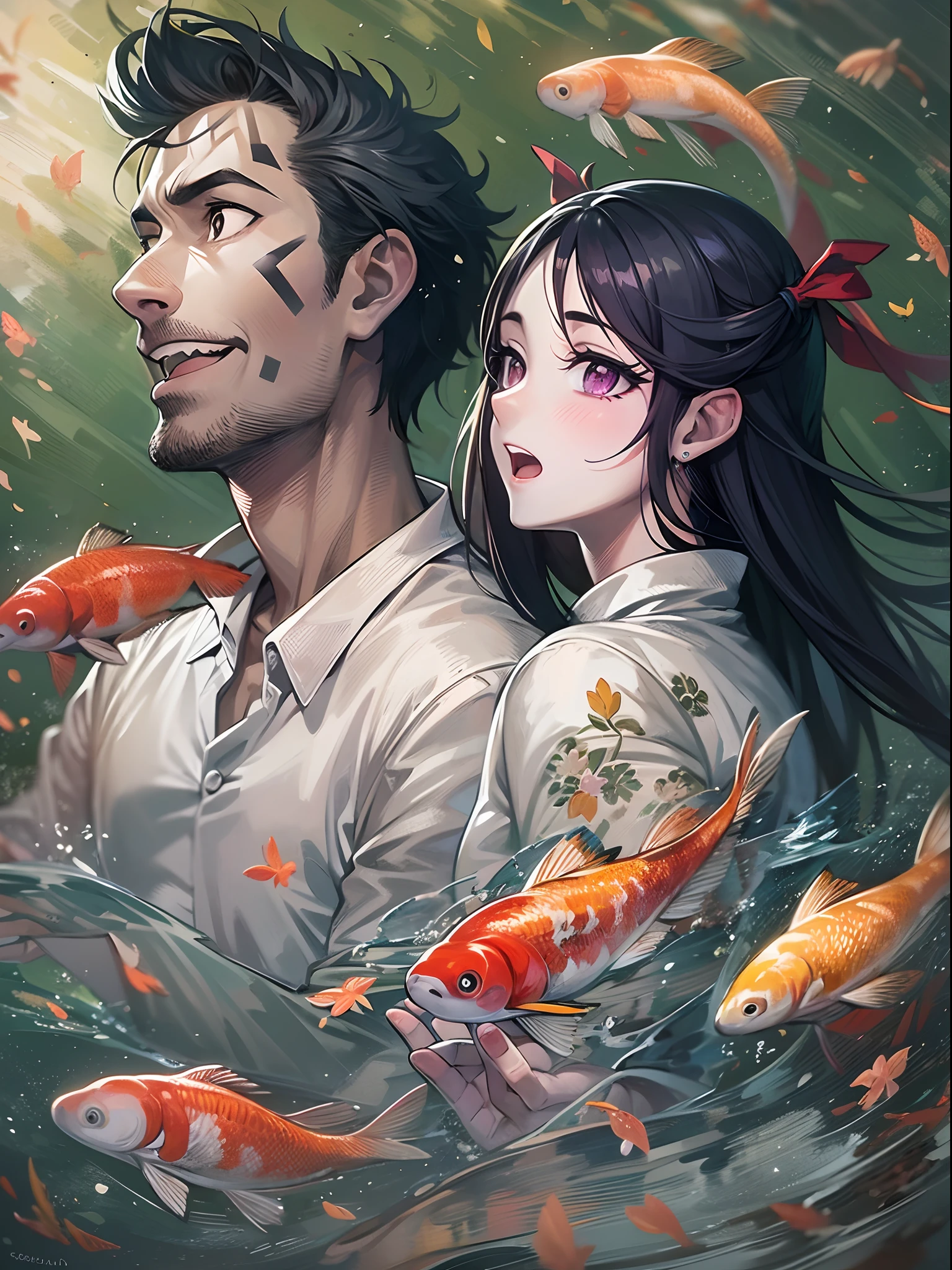 masutepiece, Best Quality, {Best Quality}, {{masutepiece}}, {hight resolution}, {{{Field Field}}, Very detailed couple, Illustration, a couple, 1boy, 1girl in, a couple, koi, koi, romantic, Sharp Focus, Male Focus, female focus, Black hair, violet eyes, Sun, Sunlight, Lifting, Surprised, envy, tshirts, Men's Leisure Wear, deadpan, Women's Fashion, Dungeon, adventurer, Kobold