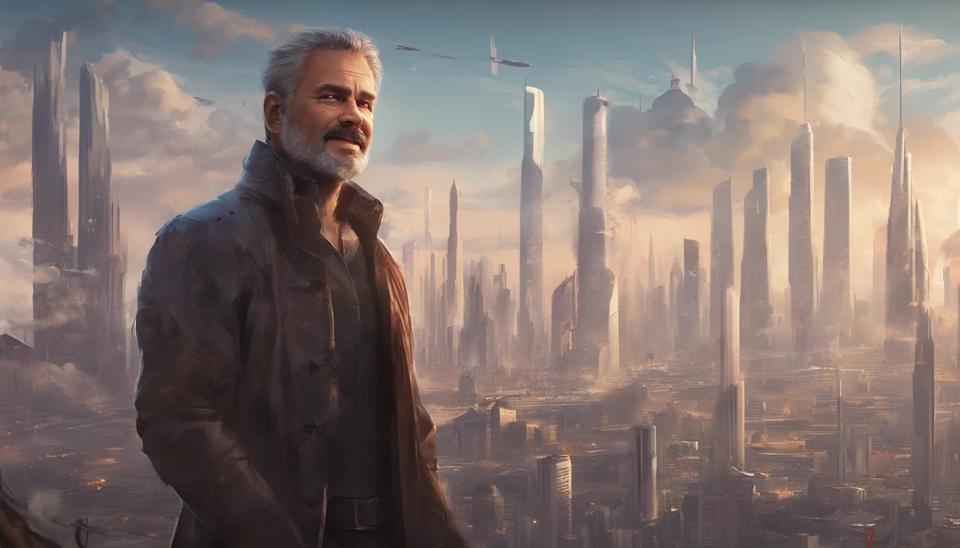 Middle-aged guy, Smile restrained, Teeth are not visible, is looking at the camera, Detailed portrait, An open look, joying, jour, Warm tones, Against the background of the city of the future in the distance, Rare, Beautiful, Lungs, air clouds, Sci-Fi, (8K, extra high resolution, Best Quality:1.2)