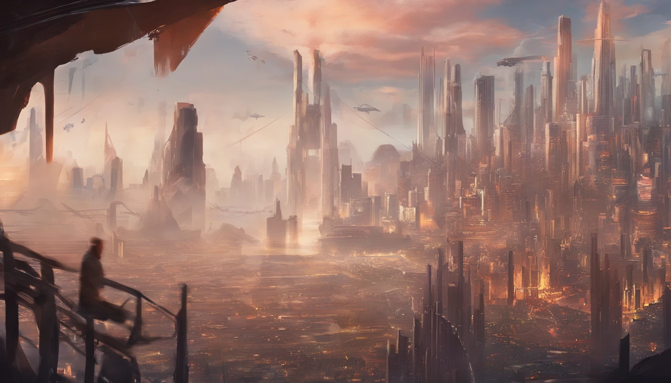 Middle-aged guy, Smile restrained, Teeth are not visible, is looking at the camera, Detailed portrait, An open look, joying, jour, Warm tones, Against the background of the city of the future in the distance, Rare, Beautiful, Lungs, air clouds, Sci-Fi, (8K, extra high resolution, Best Quality:1.2)