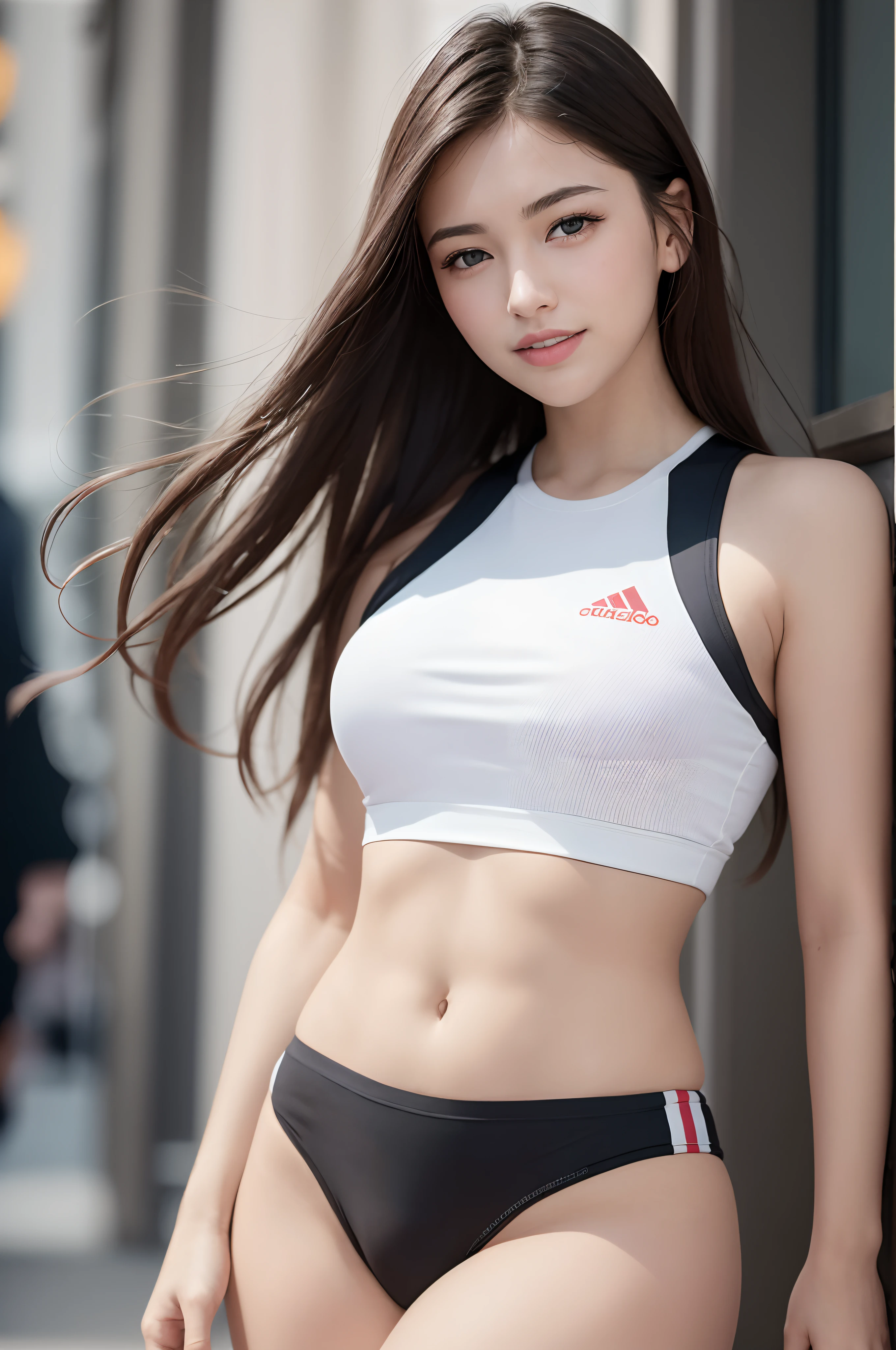 (8K, Top quality, Meisterwerk: 1.2), (realistisch, fotorealistisch: 1.37), Super detailliert, 女の子1人, 20 Jahre alt, big, beauty, niedlich, smil, nur, Leichtathletik, Nabel, Uniform, (Nase Rot), (smil: 1.15), (Mund geschlossen), gorgeous eyes, (Lange Haare: 1.2), Floating Hair Novafrog Style, upper body