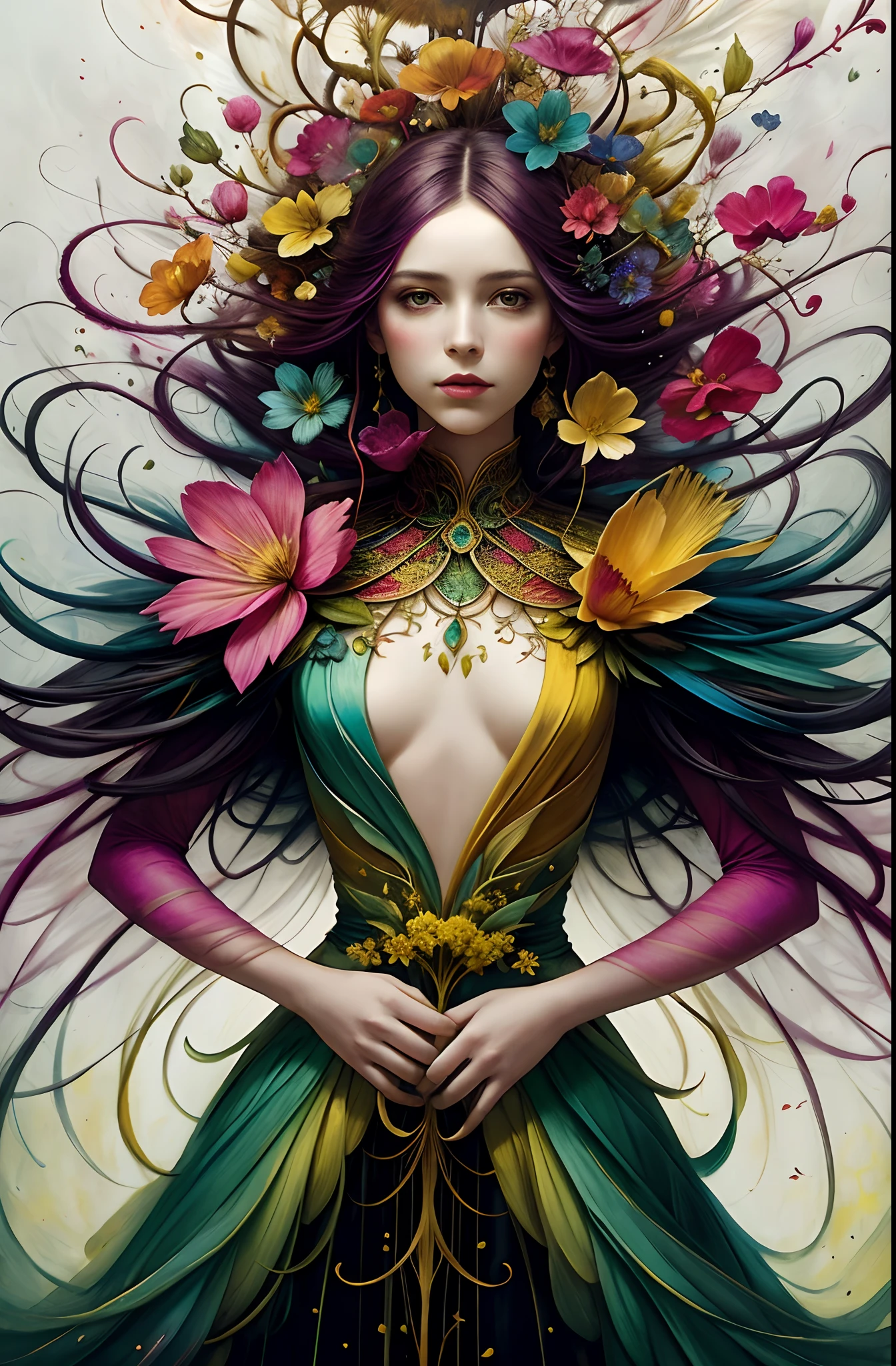 caos, elegante, vivid colors, arte por Anne Bachelier, Atmospheric, a girl, elegante, Borboletas, flores florescendo, em movimento, Dramatic, corpo inteiro, organic composition