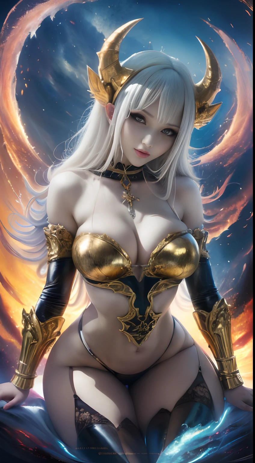((Need)), ((tmasterpiece)), (A detailed), Enchanting Dragon, Sexy beauty, Perched in clouds, (fantasy illustrations:1.3), Seductive gaze, captivating posture, tight top, wearing golden armour,otherworldly charm, Mysterious Sky, Strange fire clouds,the setting sun,Oversized Full Moon,Chibi Ancient City,Large portrait building。
