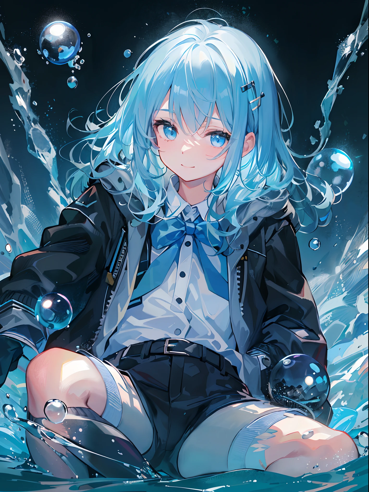 ((top-quality)), ((​masterpiece)), ((ultra-detailliert)), (extremely delicate and beautiful), girl with, 独奏, cold attitude,((Black jacket)),She is very(relax)with  the(Settled down)Looks,A dark-haired, depth of fields,evil smile,Bubble, under the water, Air bubble,bright light blue eyes,Inner color with light blue hair and light blue tips,Cold background,Bob Hair - Linear Art, shortpants、knee high socks、White uniform like school uniform、Light blue ribbon ties、Clothes are sheer、Hands in pockets、Bright eyes like sapphires,flourescent blue, There was a little blue light floating around、Upper eyes、