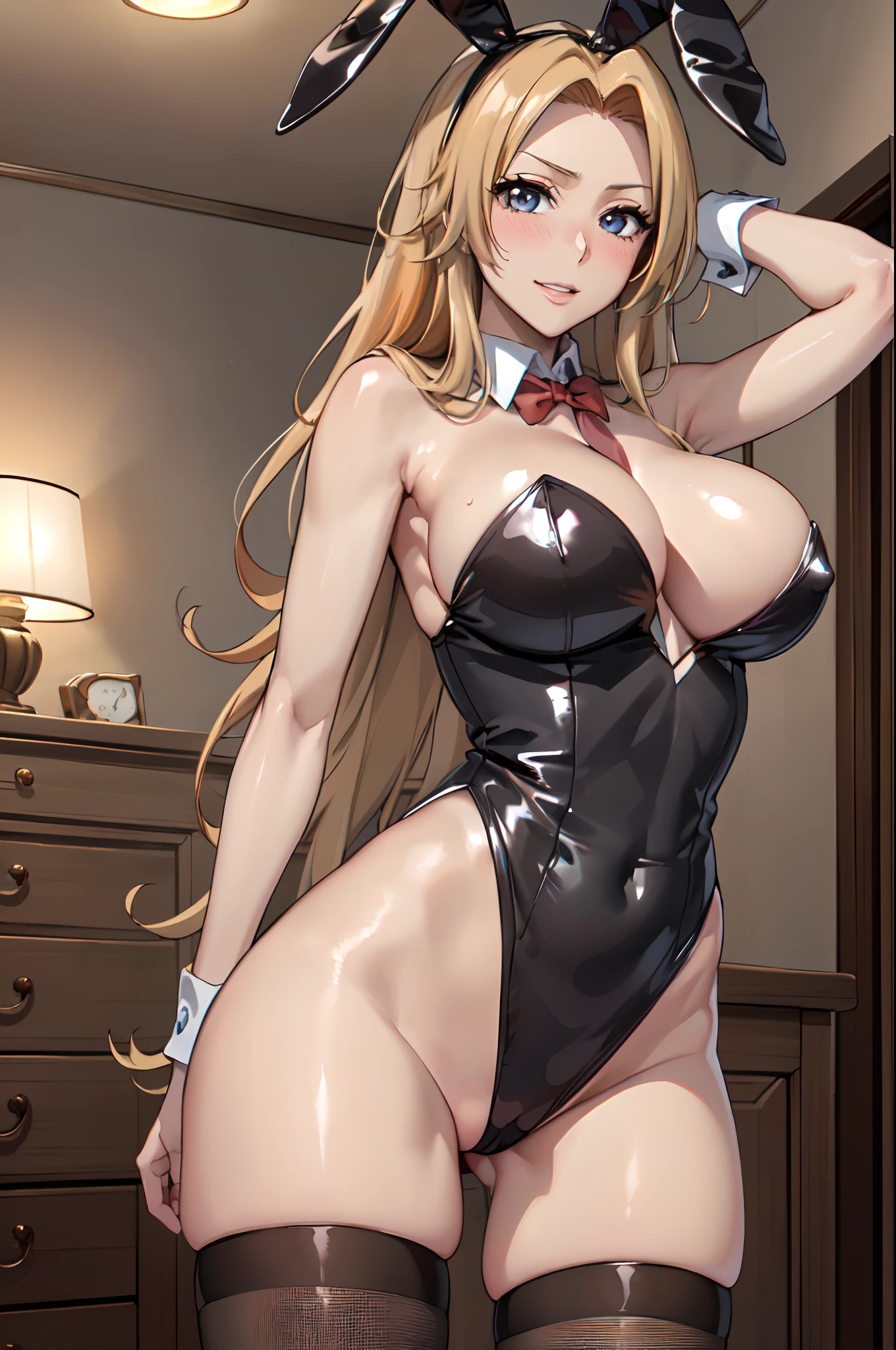 (masutepiece:1.5), very precise details,Ultra High Resolution,(the Extremely Detailed CG Unity 8K Wallpapers:1.4),(in a house:1.5),Solo,Female one,bright skin,stature180centimeter,(Light from the front,brightly lit room,Perfect litthing:1.4),(Realistic,Photorealsitic,hyper realisitic:1.5),(Sharpen:1.5),(Curve,Model,glamor:1.5),(Sharpen:1.5),(From below:1.4),(in a house:1.5),(livingroom:1.4),(Western-style room,Luxurious room:1.5),(Celebrity Room:1.5),Beautiful breasts,beautiful detailed shadow,Beautiful eyes,Beautiful body,Beautiful skin,(beautifull hands,Beautiful breasts:1.5),(bright orange hair:1.5),(Spread_Legs:1.3),(model poses:1.4),(beutiful breast,perfect chest,appealing breasts,Round chest of drawers:1.4),(parted_Lips:1.4),(L Cup Bust:1.5),(cowboys_shot:1.4),(wide hips:1.3),(Well-proportioned body:1.4),sitting on,Perfect skeleton,(A slender:1.4),(narrowwaist:1.5),(Hands behind the body:1.3),(Hands between the legs:1.4),(Hands behind the head:1.3),(Playboy Bunny:1.5),
(An ultra-high picture quality:1.5),(Vivid colors:1.5),Shiny hair, full-face blush, (Delicate hands:1.4),(complex details beautiful and delicate eyes:1.2),(pale blue eyes:1.5),an anime girl:1.4,(Full - blush,Seductive smile:1.5), Seductive Anime Girl, beautiful alluring anime woman, goddess of Japan, anime goddess, Chic, with a big chest, Beautiful anime girl, with large breasts, oppai,beautiful alluring anime ,(Matsumoto Rangiku:1.5),(Black stockings:1.4),