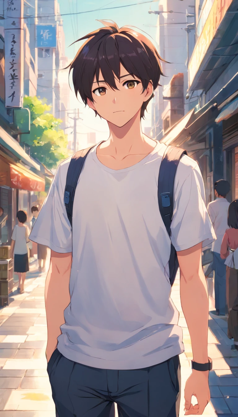 In the daytime，21 years old handsome guy，White T-shirt，black long pants，A sharp face，looking at me，