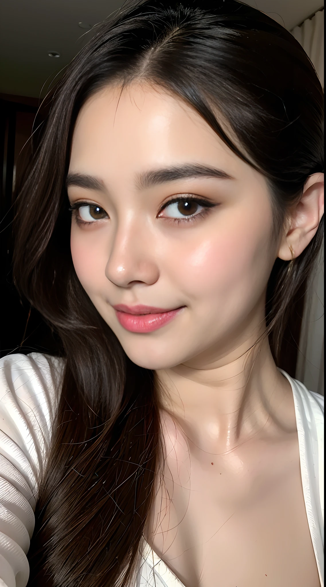there is a woman that is posing for a picture in a bathroom, young adorable korean face, wan adorable korean face, dilraba dilmurat, sakimichan, with cute doting eyes, young cute wan asian face, with cute - fine - face, girl cute-fine-face, small heart - shaped face, heonhwa choe