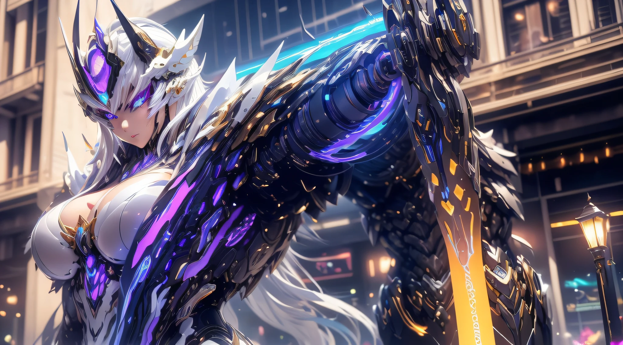top-quality、masterpiece、超A high resolution、(Photorealsitic:1.4)、Raw photo、Powered Suit Angel、large wings made of metal、White porcelain body、Acrylic Clear Cover、white hair、glowy skin、1 Powered Suit Girl、((super realistic details))、portlate、globalillumination、Shadow、octan render、8K、ultrasharp、character edge light,Colossal tits、Raw skin is exposed in cleavage、Details of complex ornaments、Sumerian details、Hydraulic cylinder、Small LED lamp、highly intricate detail、Realistic light、a purple eye、radiant eyes、Facing the camera、neon details、cowboy shot、Futuristic headgear、The background is a steampunk city、、