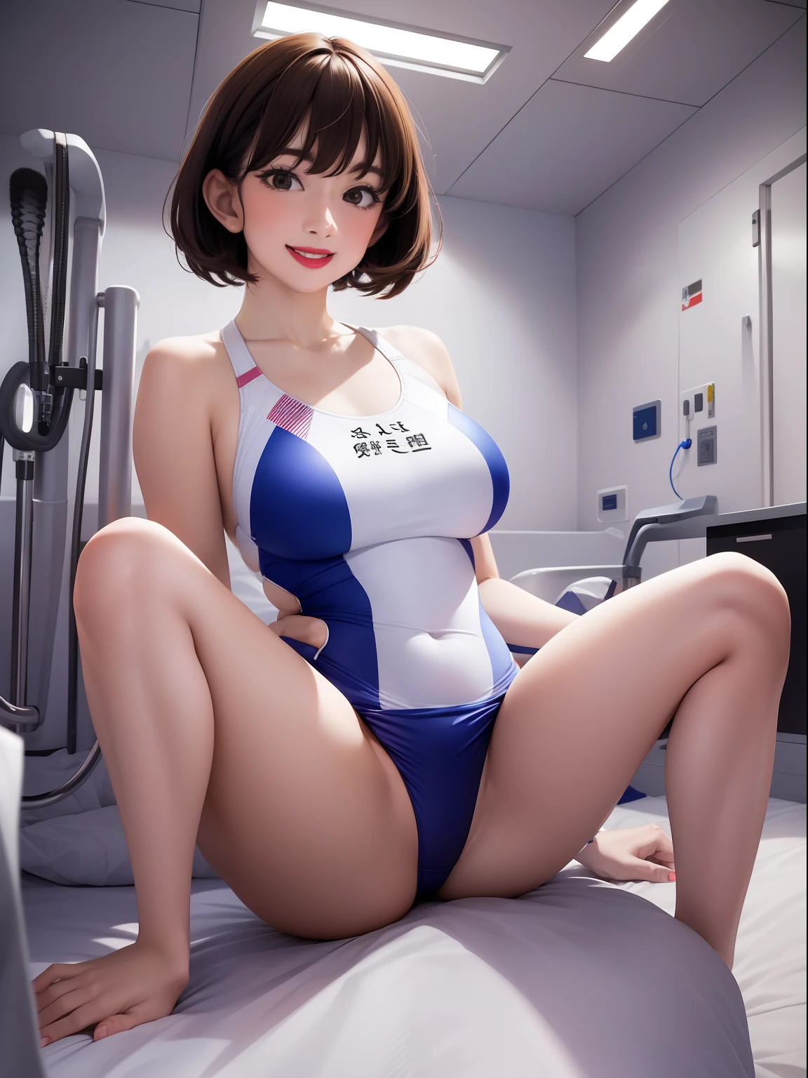 Spread legs、m-legs,Whole body、competition swim suit, onepiece swimsuit, Latex,、Bob Hair、red lipsticks、a miniskirt、Full smile、Lift the hem of the skirt、Hospital bed,irrumatio,