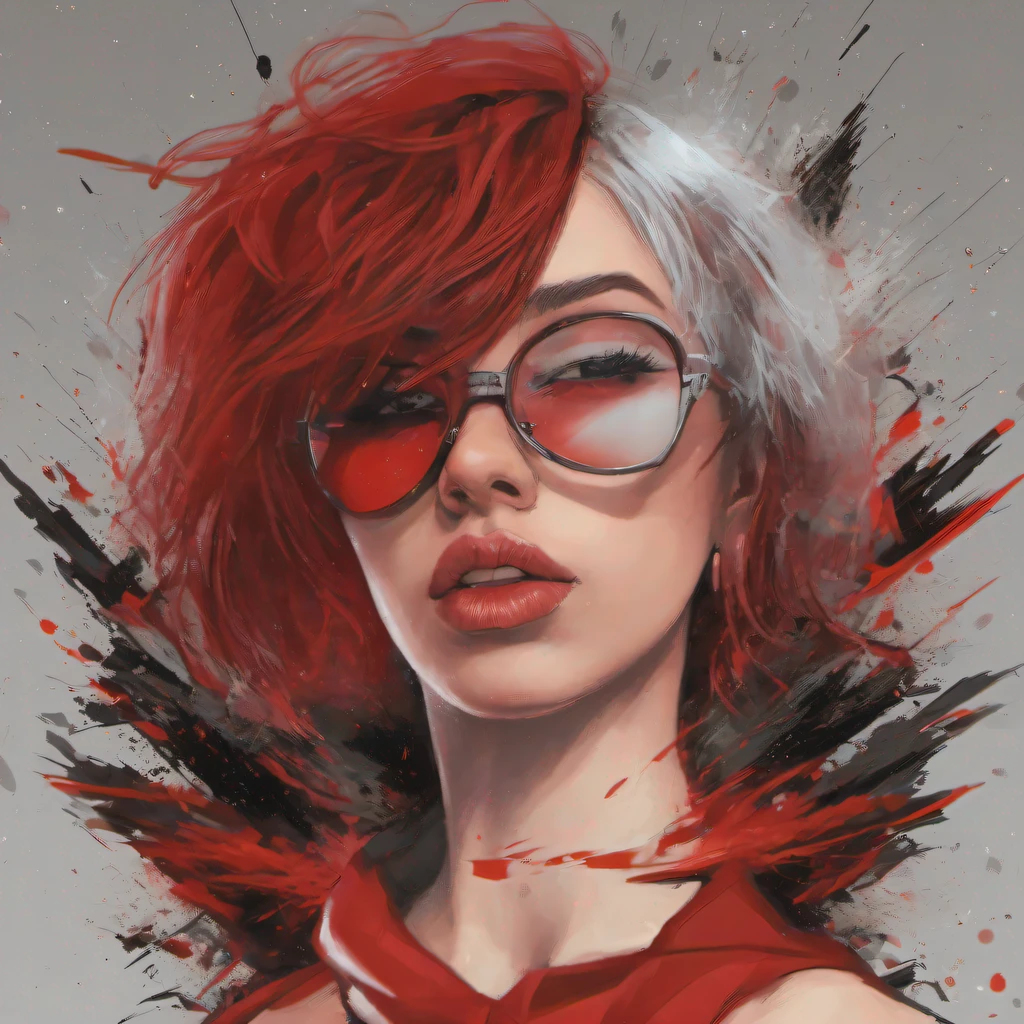 Kizi, kurze rote Haare, Brille, rote Augen, schwarzer minirock, im Hintergrund explosion, zeige nackte Beine, large bust