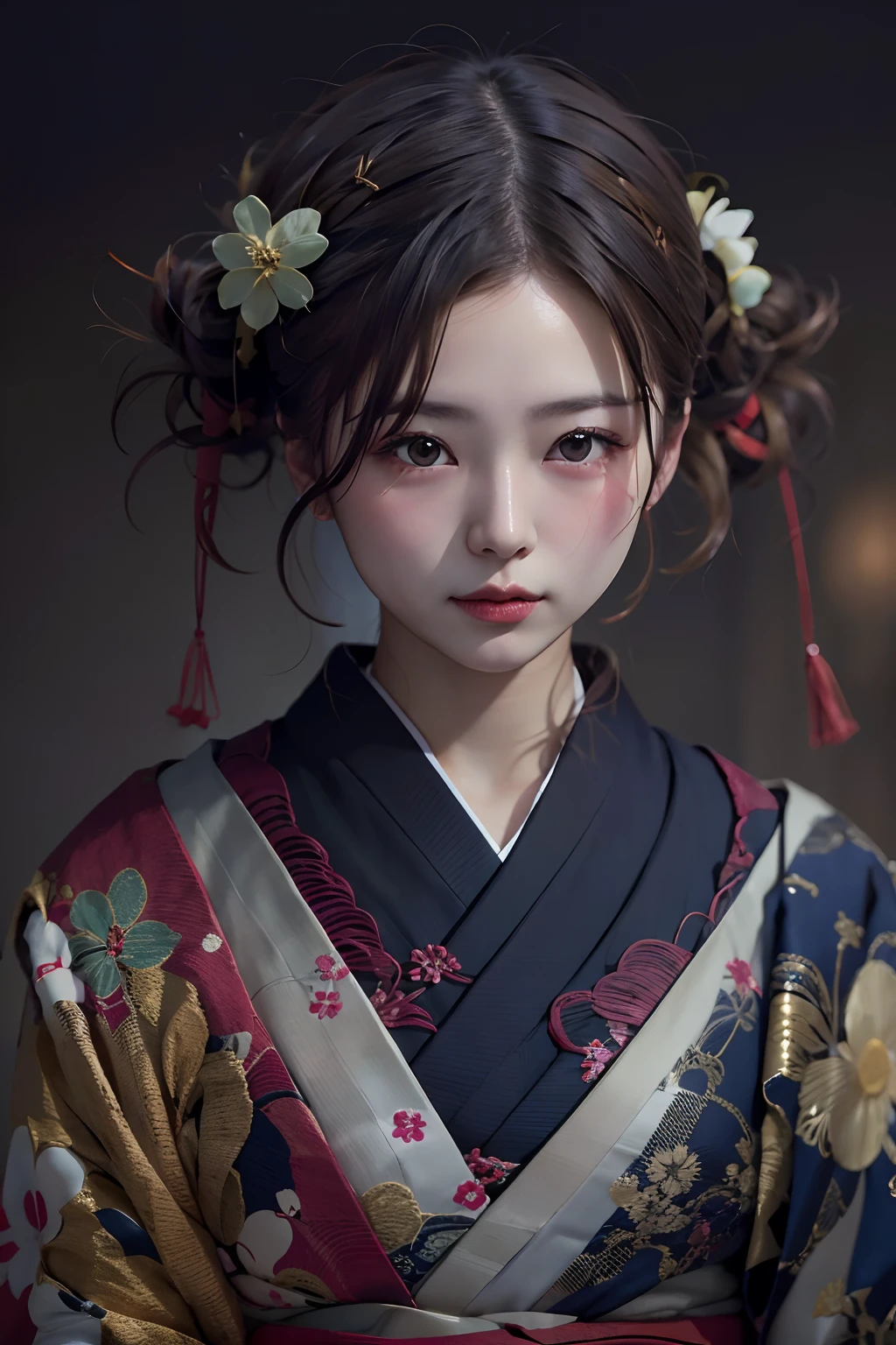 Digital portrait of Japan short-haired woman, Beautiful face,hair messy,Convoluted, Cinematic, unreal enginee 5, a gorgeous, Incredible color grading, Kimono,Japanese dress,Hakama, Photography, cinematic photography, art by、ssmile