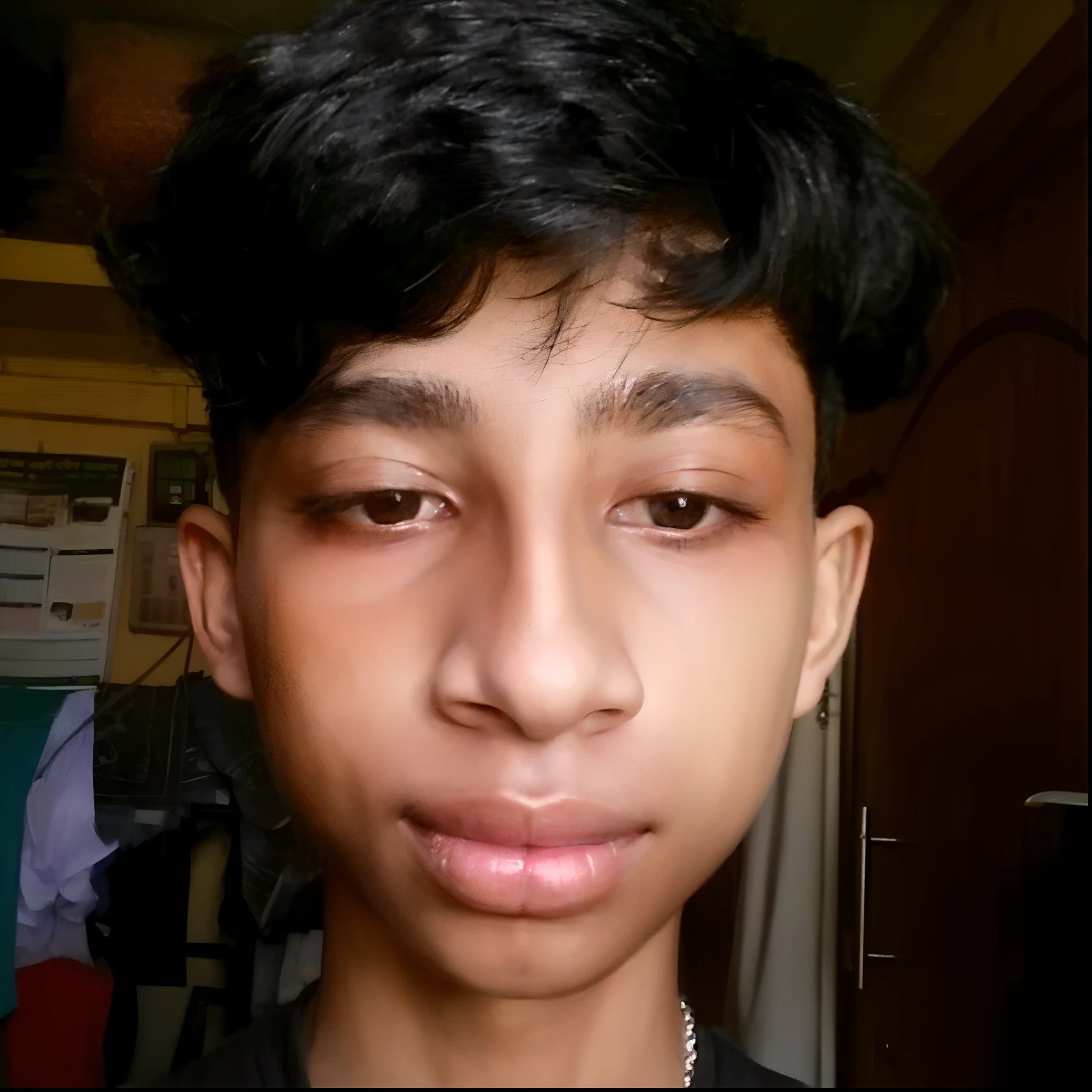 there is a young man with a black shirt and a necklace, with accurate face, boy with neutral face, face picture, around 1 9 years old, clean shaven face, good looking face, ugly appearance, very ugly face, harsh good looking face, 1 6 years old, deformed face, boy thin face, with narrow nose, front profile!!!!