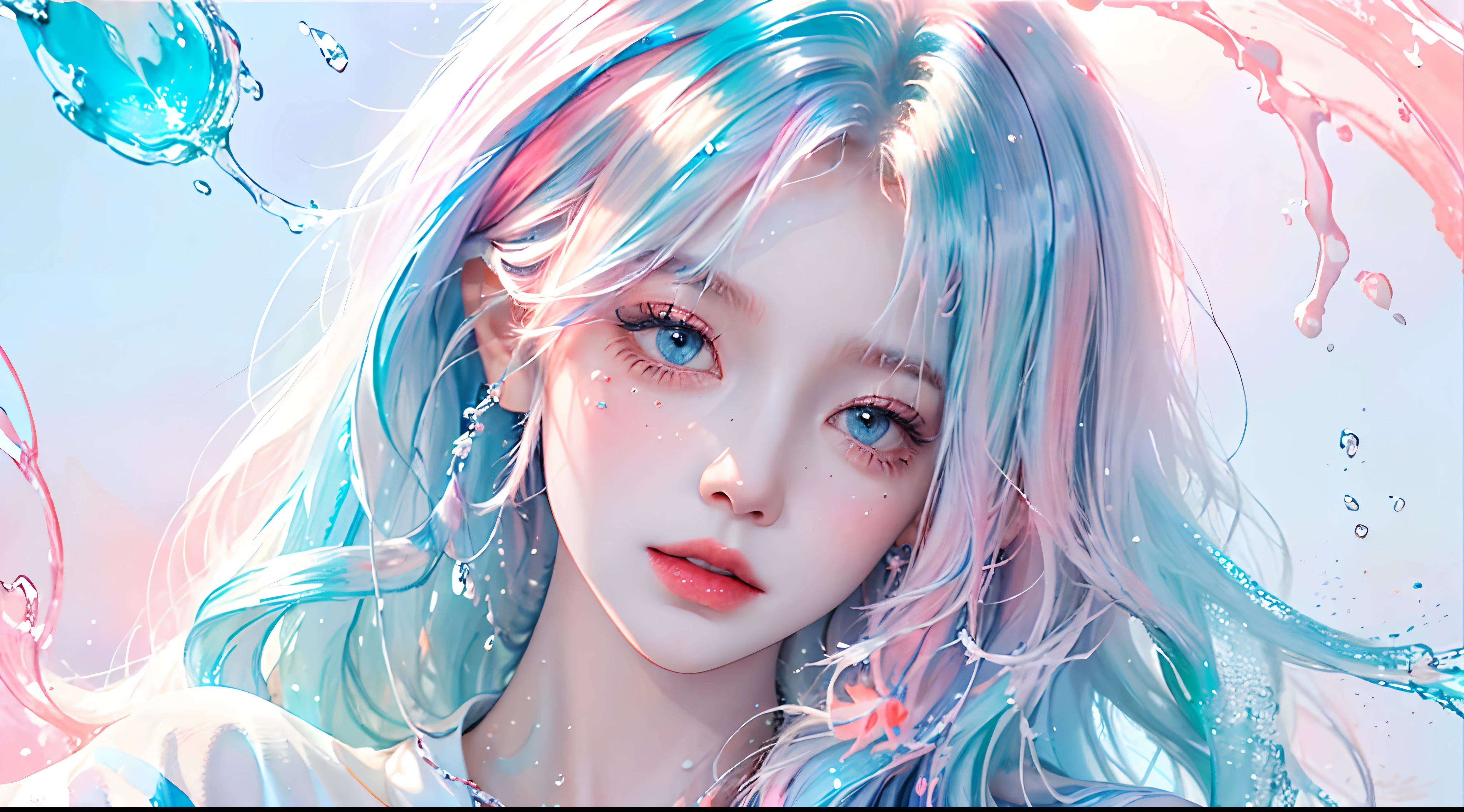 (Masterpiece, Best Quality, High Resolution), White Background, Acrylic Paint, ((Color Splash, Splash of Ink, Color Splash)), Sweet Chinese Girl, Long Light Blue Hair, [Light Blue|Pink] Hair, Curly Hair, Glitter, Peach Lips, White Shirt, Front, Upper Body