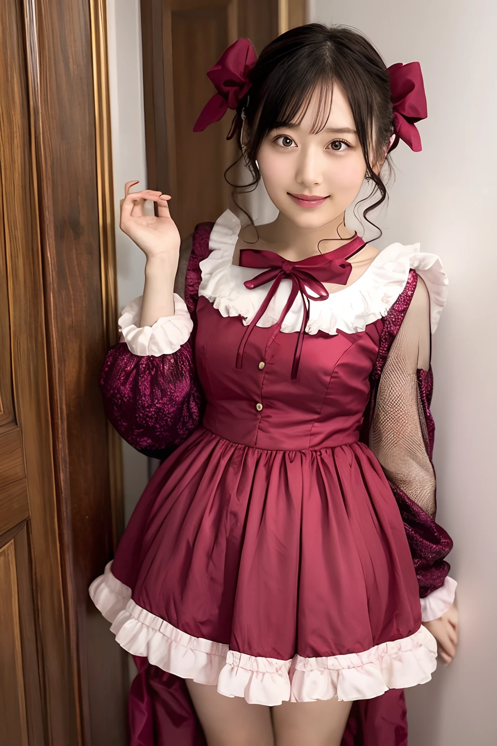 momoko suou (million live), Lori, Petite, 10 years old, Best Quality, masutepiece, 8K, photographrealistic, Hires, Best Quality, masutepiece, 8K, on the bed, on back, bed sheet, Portrait, Red Ascot,puffy long sleeves,Collared dress, frilly dress, Purple Dress,