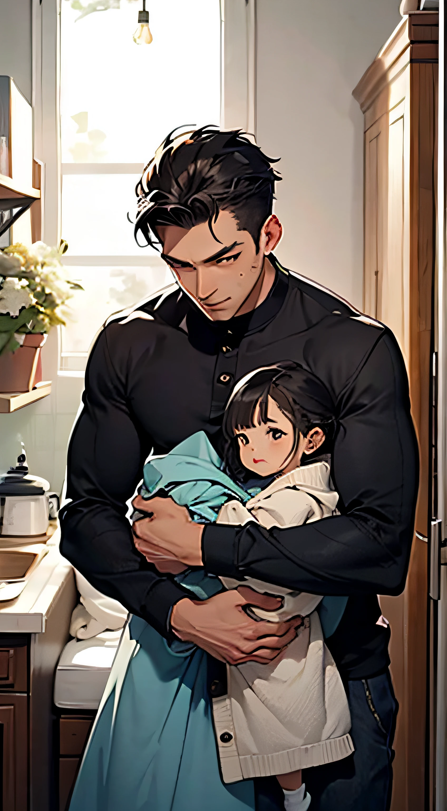 There is a man holding a on his lap, With kids, caring ,A wide forehead like a fresh young man, With father , 8K Selfie, 29-year-old, anime-style art,smile,Black Hair