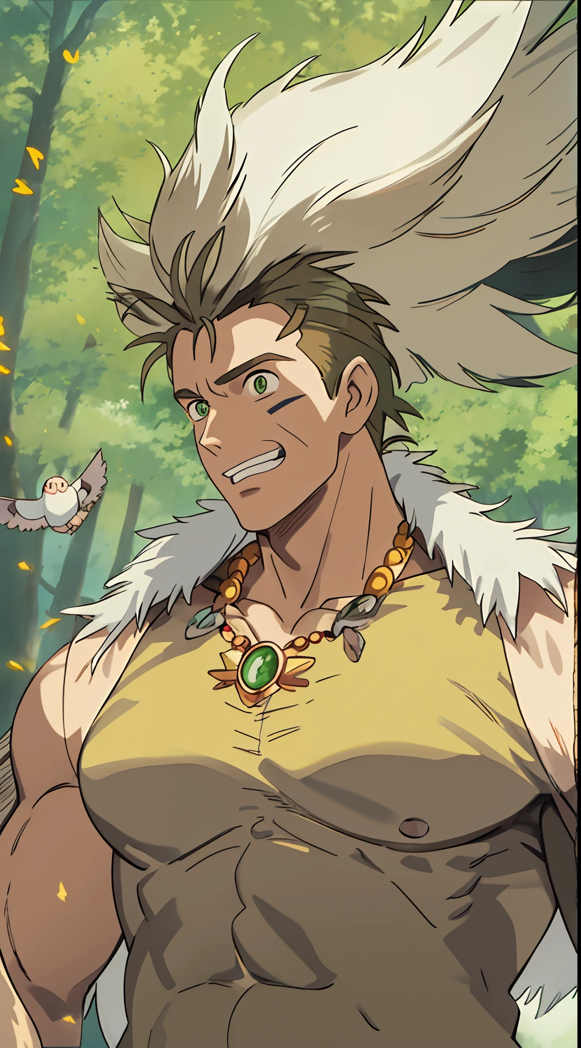 Ghibli style, Arnold Schwarzenegger \(Arnold Schwarzenegger\) as san \(mononoke hime\):2, 1guy, American, (cheerful:1,5), Muscled, ((adult man)), armlet, bangs, Blond hair, black undershirt, breasts, fur cape, royal cape, facepaint, floating hair, forest, necklace, outdoors, parted bangs, shirt, short hair, sleeveless shirt, tooth necklace, finger pointing to the viewer, looking at viewer, falling in from the sky, green background sky weird small birds in studio ghibli style, muscular physique, confident expression, (strong jawline:1,5), intense gaze, cinematic composition, ((masterpiece))