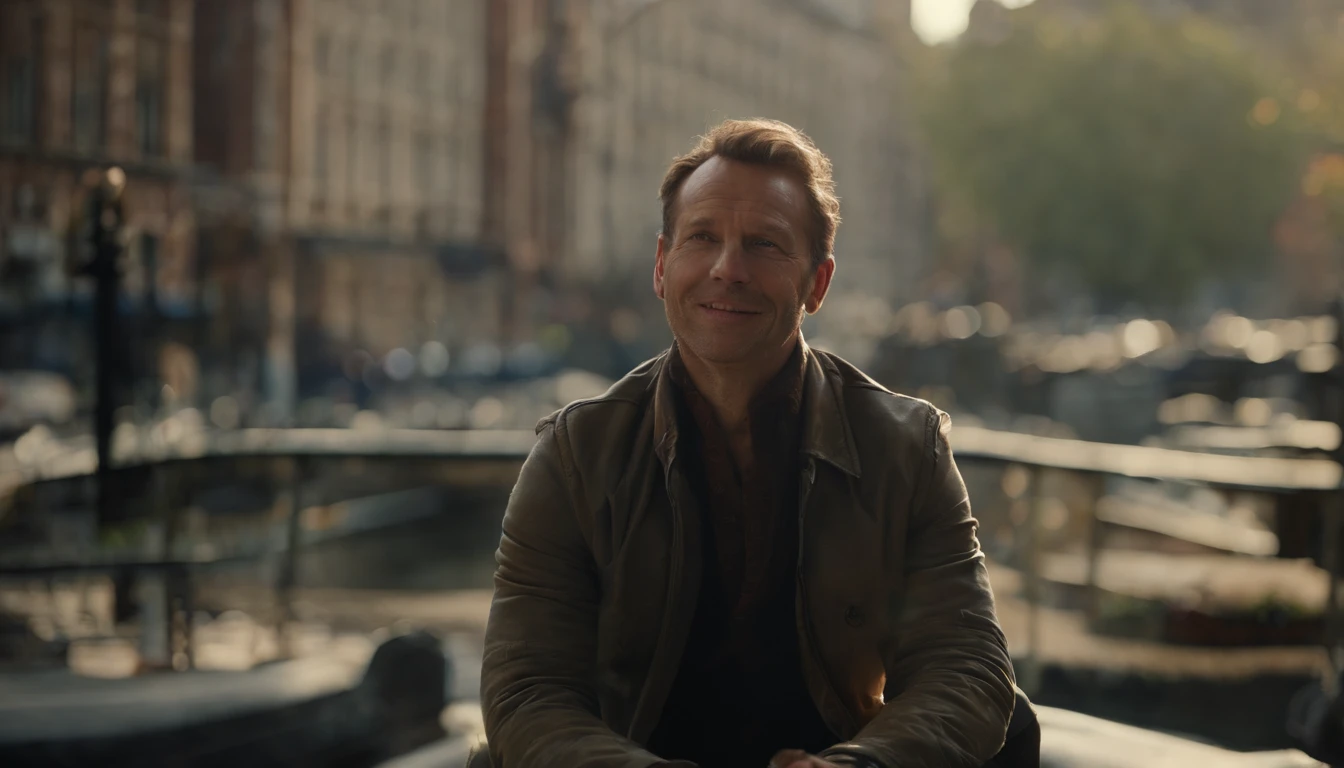 Middle-aged guy, Smile restrained, Teeth are not visible, is looking at the camera, Detailed portrait, An open look, joying, jour, Warm tones, Against the background of the city of the future in the distance, Rare, Beautiful, Lungs, air clouds, Sci-Fi, (8K, extra high resolution, Best Quality:1.2)