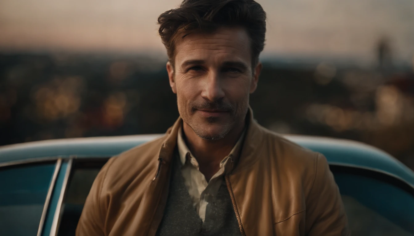 Middle-aged guy, Smile restrained, Teeth are not visible, is looking at the camera, Detailed portrait, An open look, joying, jour, Warm tones, Against the background of the city of the future in the distance, Rare, Beautiful, Lungs, air clouds, Sci-Fi, (8K, extra high resolution, Best Quality:1.2)