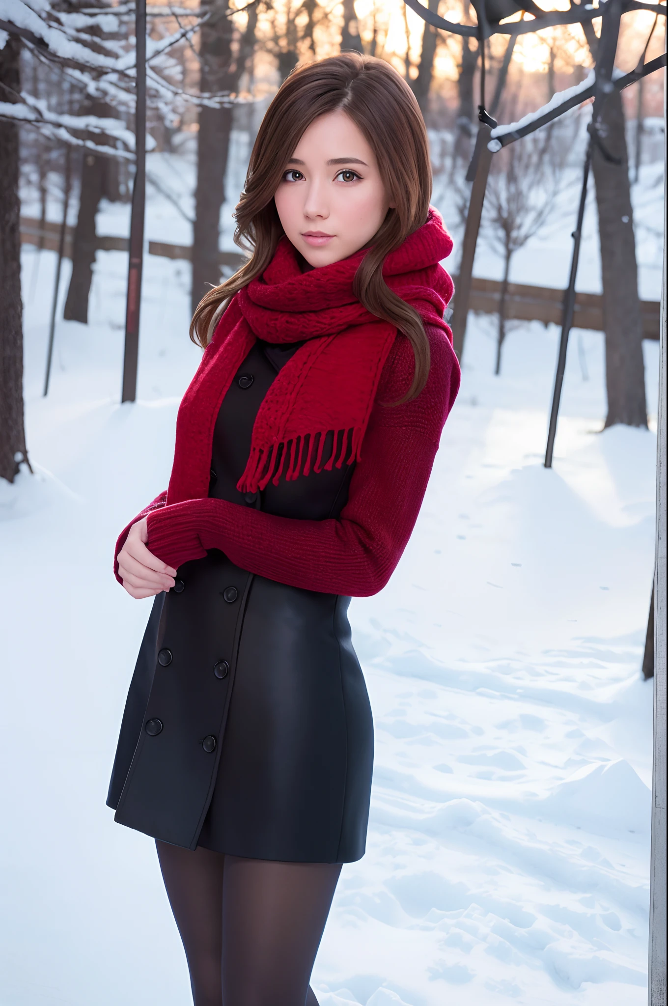 Winters,Snowy landscape,Beautiful teenage girl,lacepantyhose,Red,Long sweater,scarf,depth of fields,Real Light,Ray traching,OC Renderer,UE5 Renderer,Hyper-realistic,best qualtiy,8K,Works of masters,super-fine,Detailed pubic hair,Correct anatomy