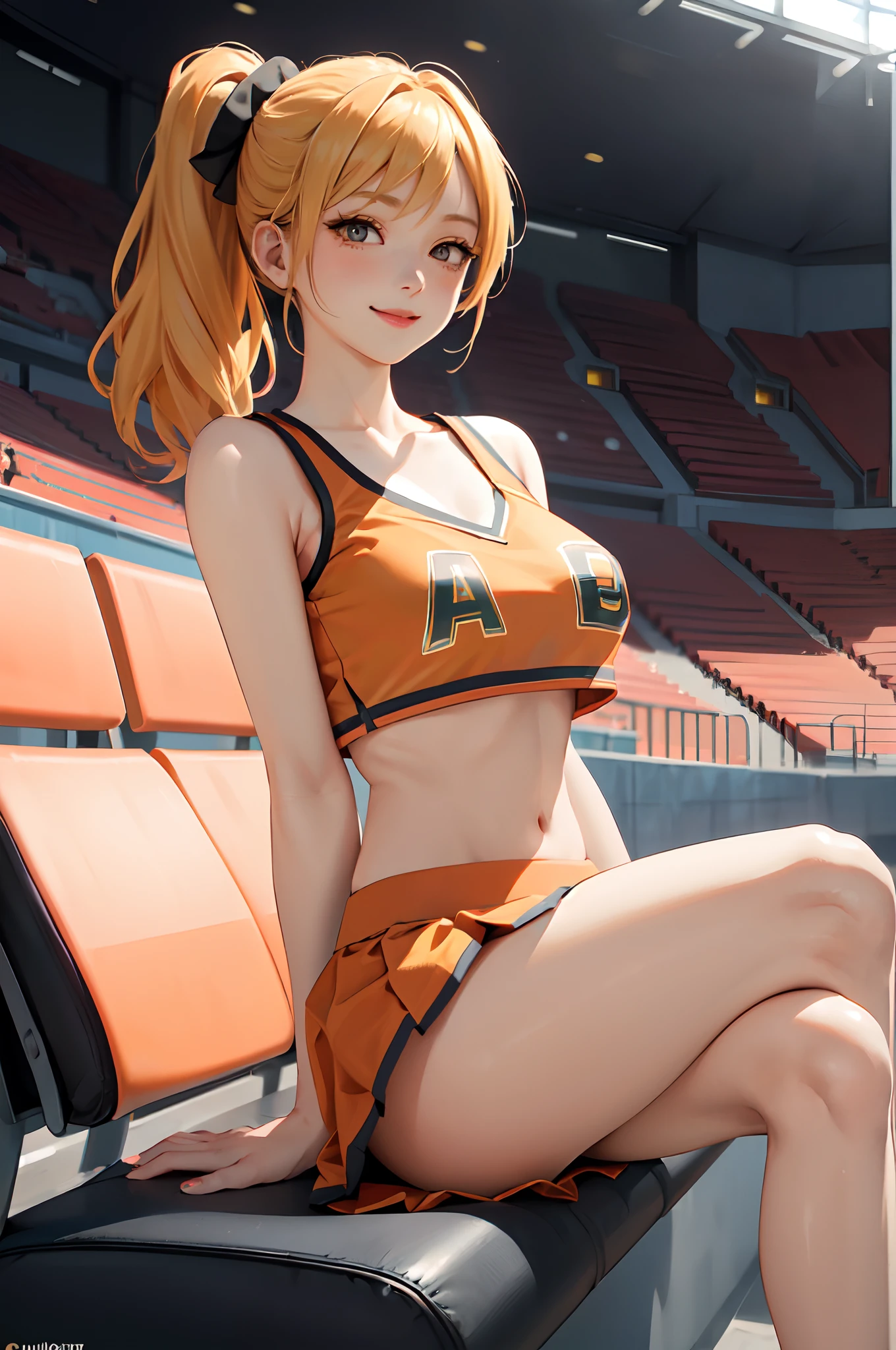 1lady solo, U.A. CheerUniform, pom pom /(cheerleading/), /(orange crop top orange skirt/), mature female, /(blond hair/), blush kind smile, (masterpiece best quality:1.3) delicate illustration ultra-detailed , large breasts BREAK /(sports stadium indoors seat audience/) lawn