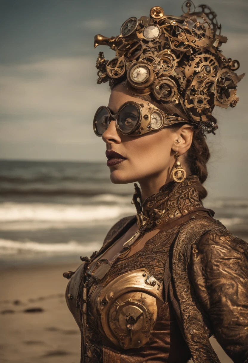 mulher nua deitada na praia, luz de cinema, ultra realista