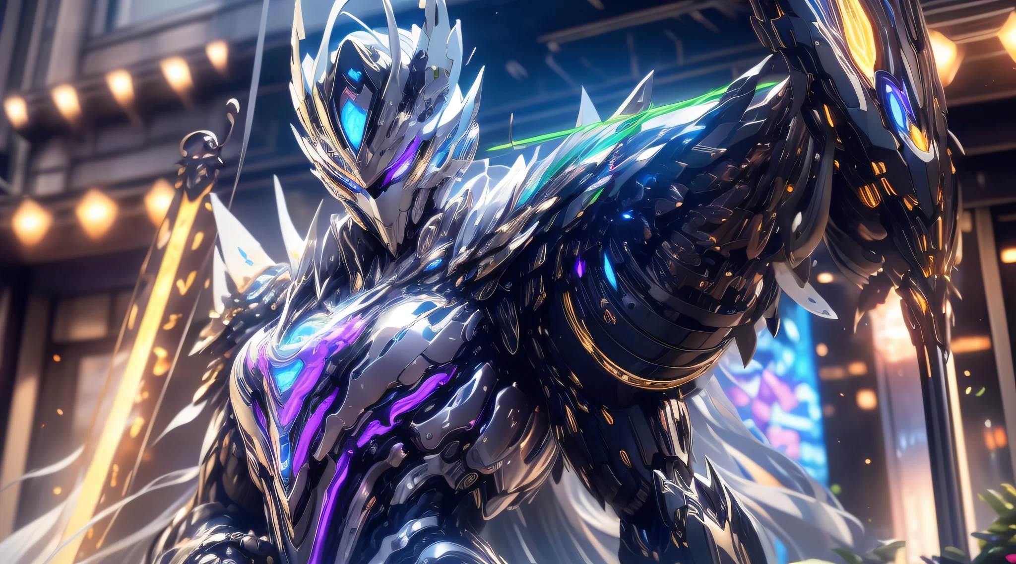 top-quality、masterpiece、超A high resolution、(Photorealsitic:1.4)、Raw photo、Powered Suit Angel、large wings made of metal、White porcelain body、Acrylic Clear Cover、white hair、glowy skin、1 Powered Suit Girl、((super realistic details))、portlate、globalillumination、Shadow、octan render、8K、ultrasharp、character edge light,Colossal tits、Raw skin is exposed in cleavage、Details of complex ornaments、Sumerian details、Hydraulic cylinder、Small LED lamp、highly intricate detail、Realistic light、a purple eye、radiant eyes、Facing the camera、neon details、cowboy shot、Futuristic headgear、The background is a steampunk city、、