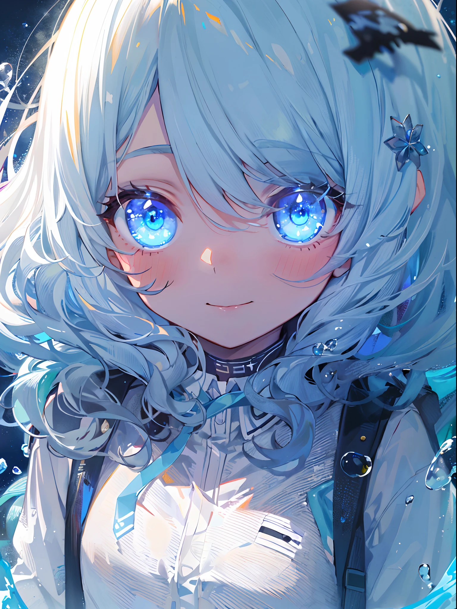 ((top-quality)), ((masterpiece)), ((ultra-detailliert)), (extremely delicate and beautiful), girl with, 独奏, cold attitude,((Black jacket)),She is very(relax)with the(Settled down)Looks,A dark-haired, depth of fields,evil smile,Bubble, under the water, Air bubble,bright light blue eyes,Inner color with light white hair and and light blue tips,Cold background,Bob Hair - Linear Art, shortpants、knee high socks、White uniform like school uniform、Light blue ribbon ties、Clothes are sheer、Hands in pockets、Bright eyes like sapphires,flourescent blue, There was a little blue light floating around、Upper eyes、