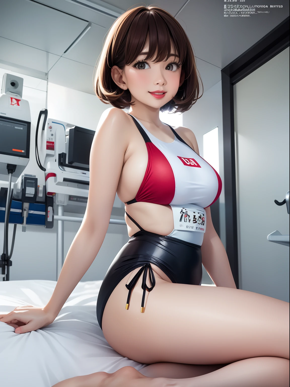 Spread legs、m-legs,Whole body、competition swim suit, onepiece swimsuit, Latex,、Bob Hair、red lipsticks、a miniskirt、Full smile、Lift the hem of the skirt、Hospital bed,irrumatio,