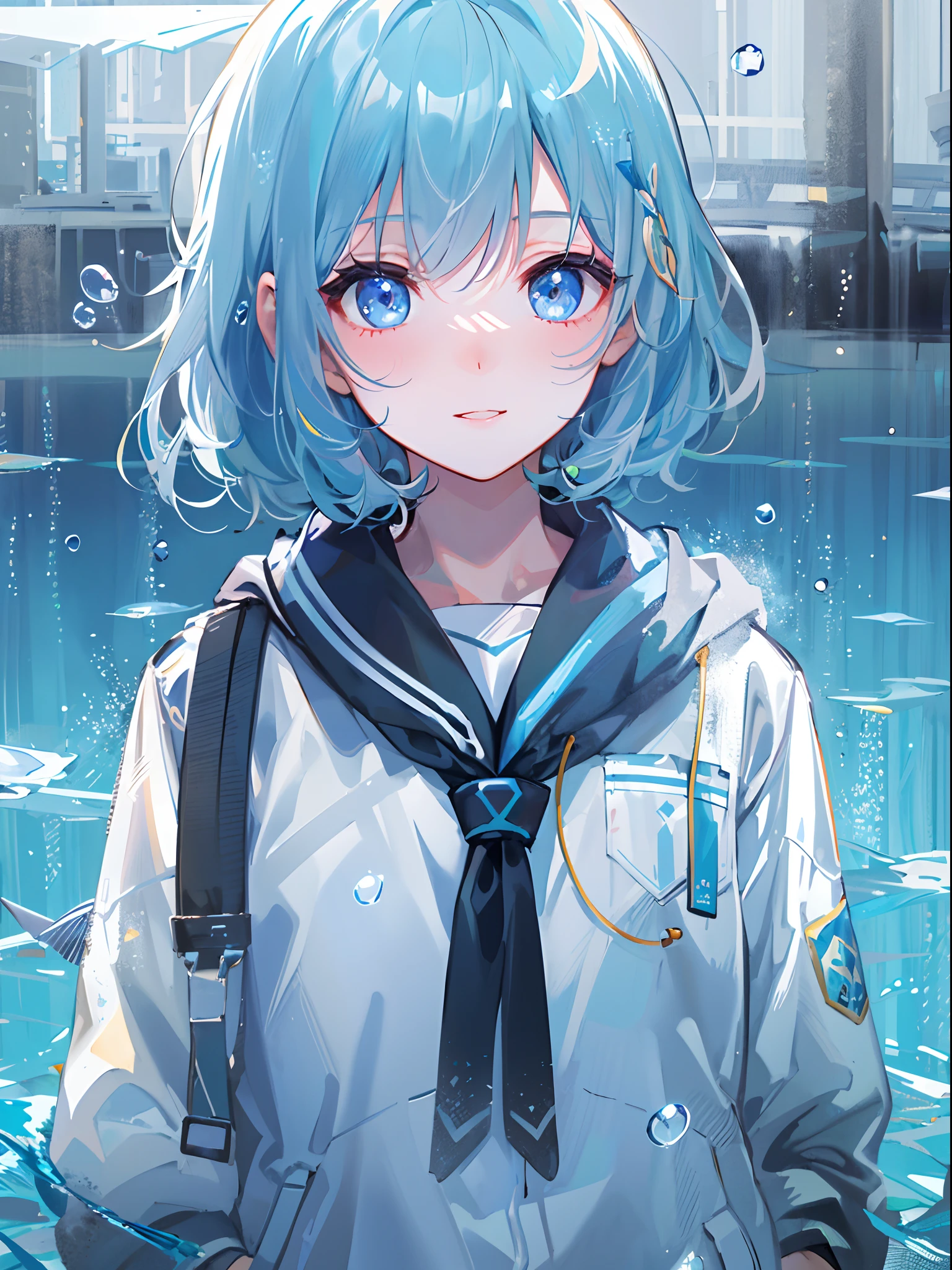 ((top-quality)), ((masterpiece)), ((ultra-detailliert)), (extremely delicate and beautiful), girl with, 独奏, cold attitude,((Black jacket)),She is very(relax)with the(Settled down)Looks,A dark-haired, depth of fields,evil smile,Bubble, under the water, Air bubble,bright light blue eyes,Inner color with light white hair and and light blue tips,Cold background,Bob Hair - Linear Art, shortpants、knee high socks、White uniform like school uniform、Light blue ribbon ties、Clothes are sheer、Hands in pockets、Bright eyes like sapphires,flourescent blue, There was a little blue light floating around、Upper eyes、