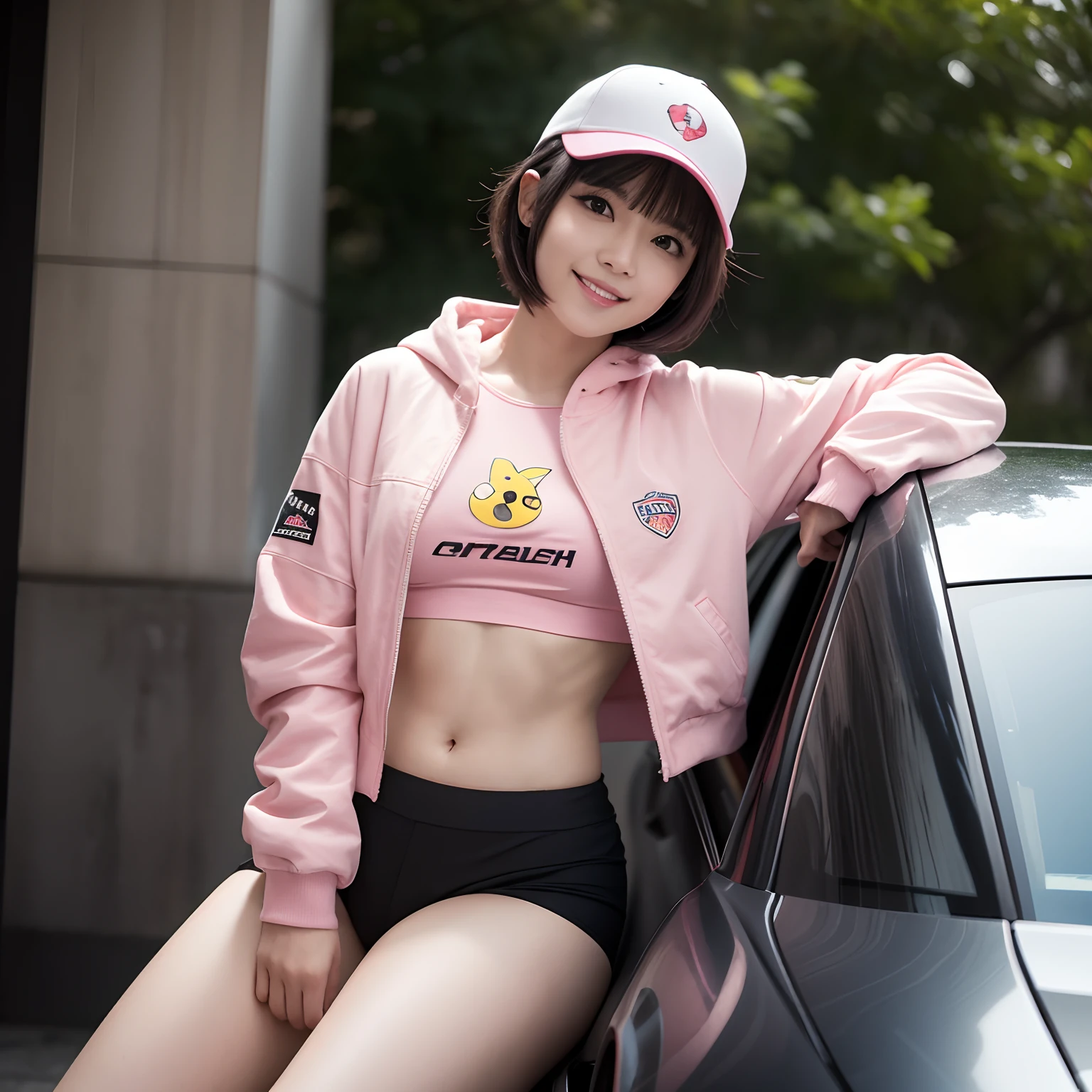 Top Quality, Ultra High Definition, (Photorealistic: 1.4), (Pink updo Hair: 1.3), 1 Girl, (Kpop Idol), Watch Audience, Detailed Face, Contrapposto, , Perfect Anatomy, Cityscape, Professional Lighting, Futuristic Fashion, Cop costume like Streetwear, High-tech Fabric, Racing Suit, elbow and knee pads, racing gloves, cop uniform, sports car background, pits, skinny miniskirts, belly button, pink hair,