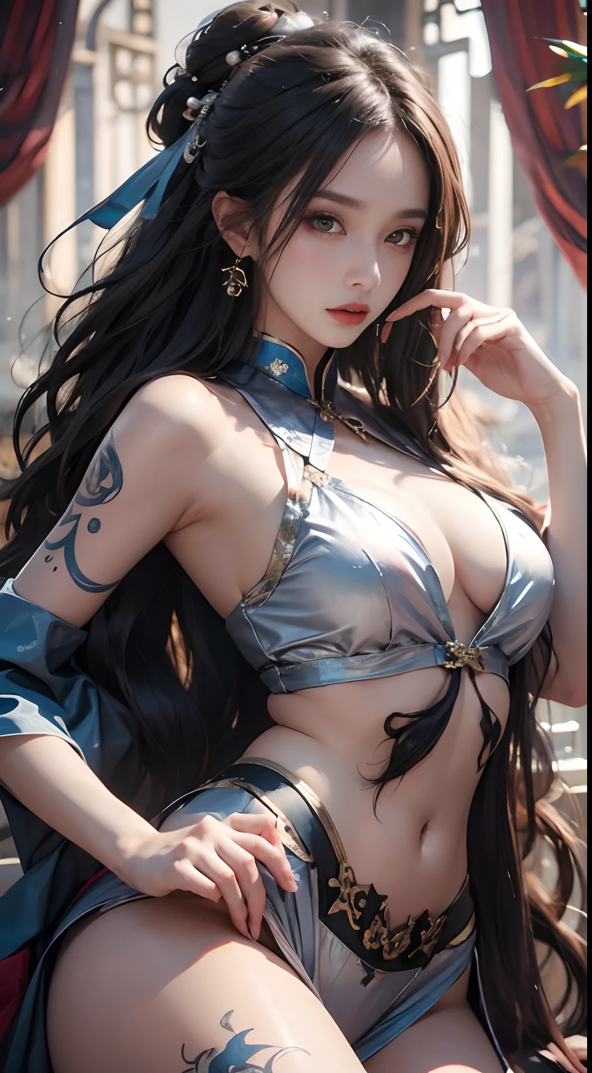 Photorealistic, high resolution, 1 woman, Hips up, Beautiful eyes, Long hair, ringed eyes, jewelry, tattoo, Hanfu, Chinese fairy, Taoist uniform