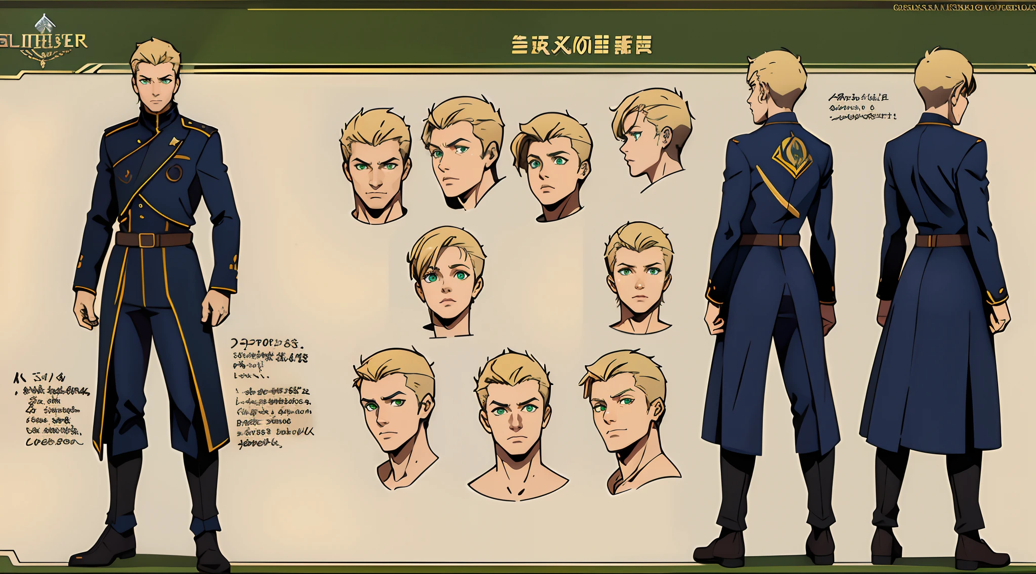 (Masterpiece, best quality), detailed, (1man), ((character concept art)), ((character design sheet, same character, front, side, back)), many items, (sci-fi male adventurer, sci-fi male guild lieder uniform, male sci-fi military uniform, many parts), (detailed green eyes, one eye), detailed face, different expressions, muscular, athletic, blonde hair, dark skin, detailed hair, unformal style haircut, full of details.