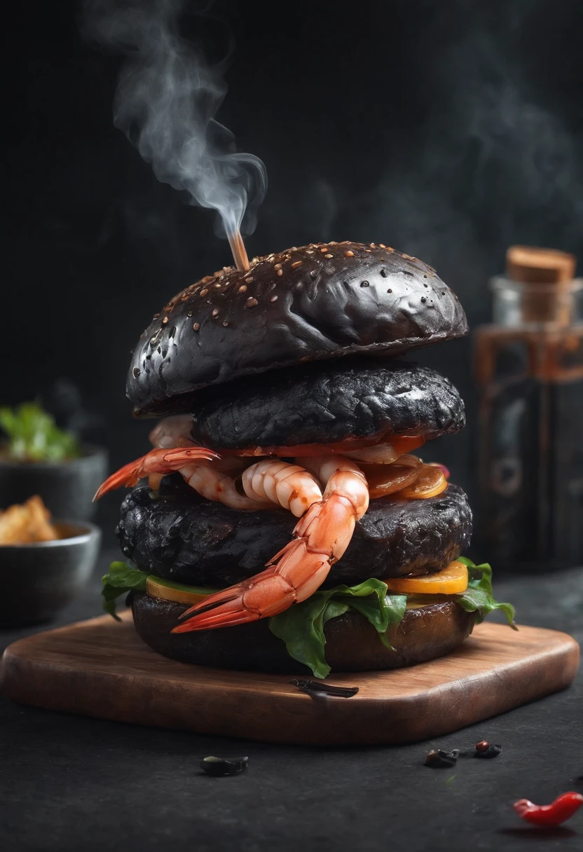 (best quality,highres:1.2),ultra-detailed,(realistic,photorealistic:1.37),dark,grunge,concept art,cyberpunk,black burger,shrimp inside,spicy,grilled,juicy,dripping,unique presentation,detailed textures,shadowy lighting,smoke effect,dystopian atmosphere,???? vibes