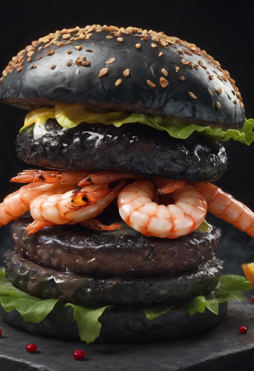 (best quality,highres:1.2),ultra-detailed,(realistic,photorealistic:1.37),dark,grunge,concept art,cyberpunk,black burger,shrimp inside,spicy,grilled,juicy,dripping,unique presentation,detailed textures,shadowy lighting,smoke effect,dystopian atmosphere,noir vibes