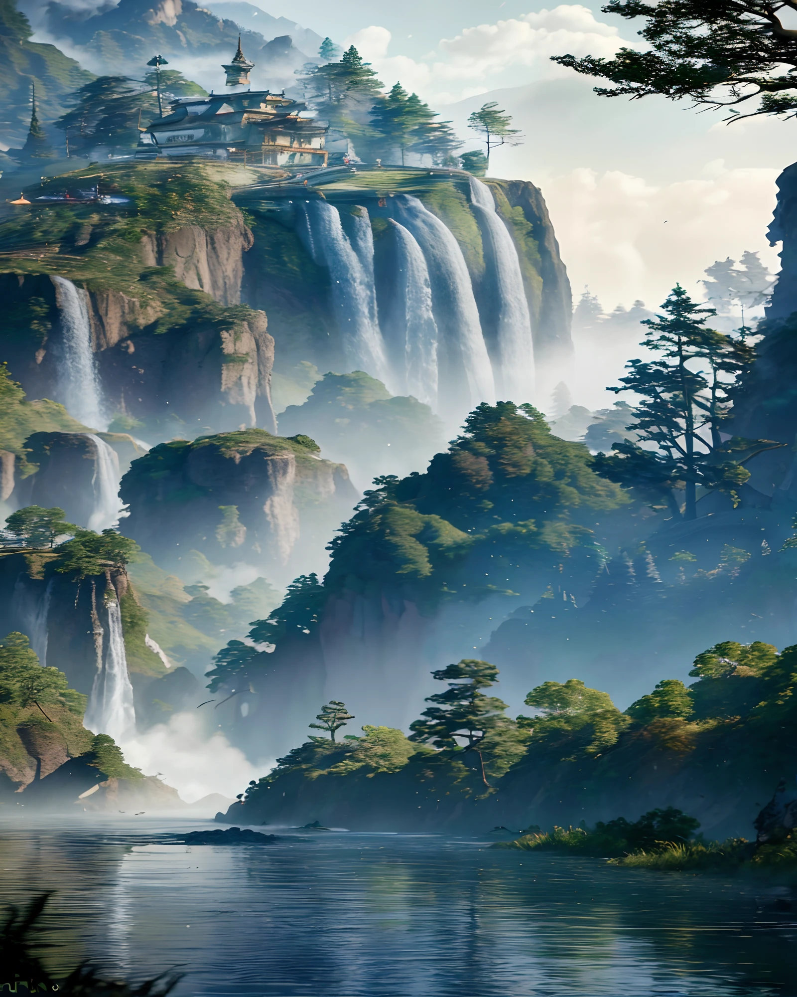 Analog style,ChromaV5,nvinkpunk,(extremely detailed CG unity 8k wallpaper),An image of a majestic river, trees on the sides, tiny waterfall, intense fog ,award winning photography, Chromatic Aberration, Detailed , HDR, Bloom, style by Monet, Pissarro, and Sisley ,trending on ArtStation, trending on CGSociety, art by midjourney