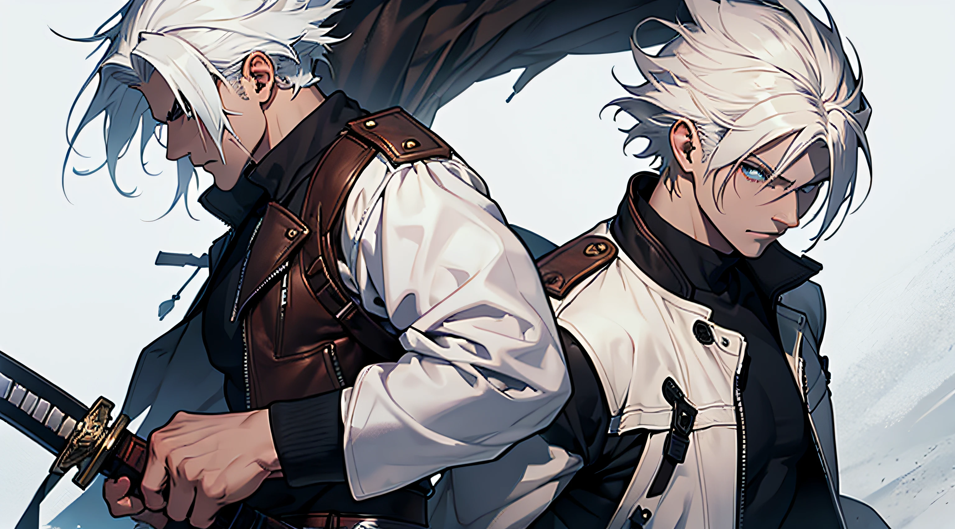 1 male, tall white haired fighter with a sword, wearing a long leather jacket