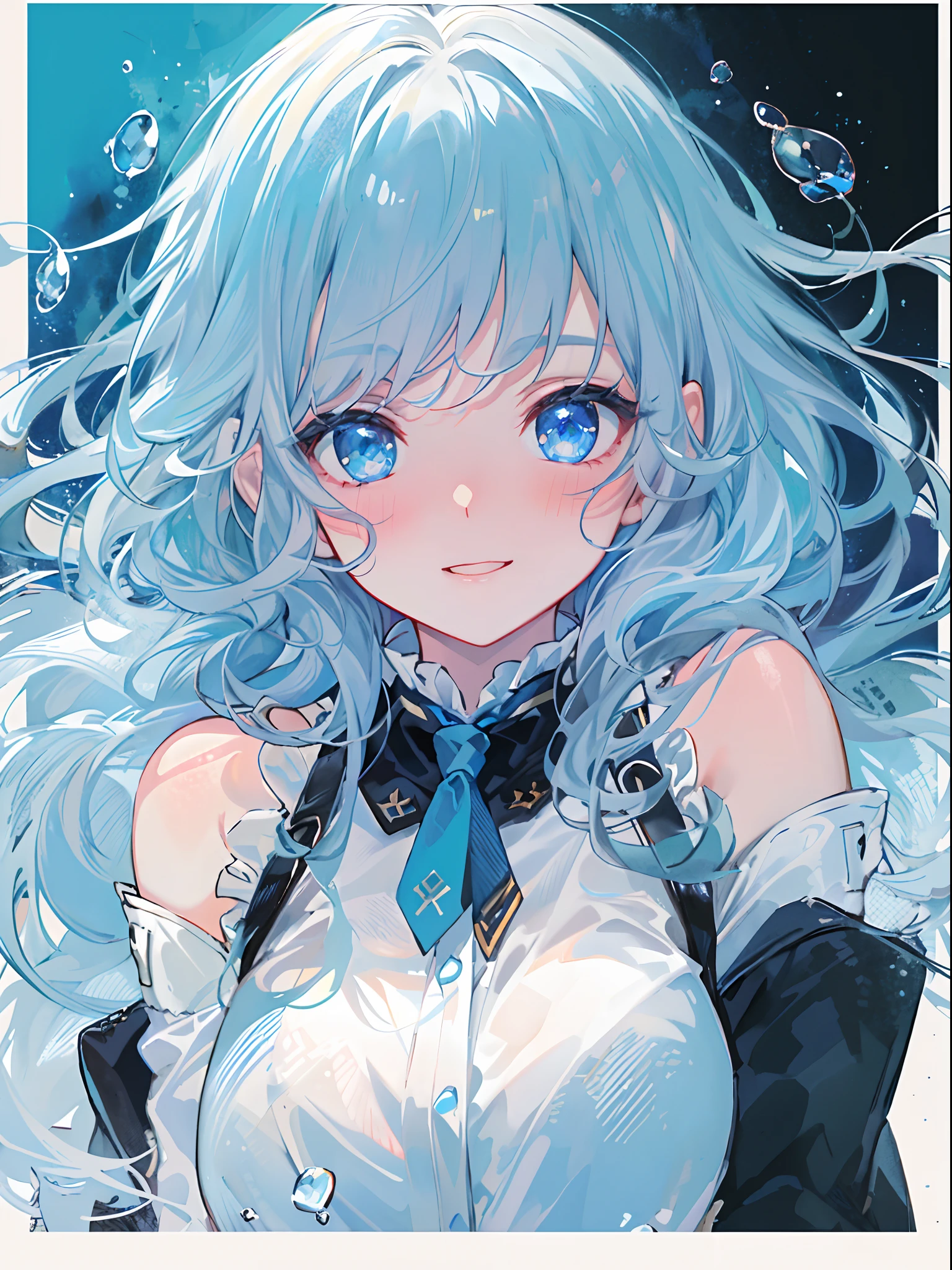 ((top-quality)), ((​masterpiece)), ((ultra-detailliert)), (extremely delicate and beautiful), girl with, 独奏, cold attitude,((Black jacket)),She is very(relax)with the(Settled down)Looks,A dark-haired, depth of fields,evil smile,Bubble, under the water, Air bubble,bright light blue eyes,Inner color with light white hair and and light blue tips,Cold background,Bob Hair - Linear Art, shortpants、knee high socks、White uniform like school uniform、Light blue ribbon ties、Clothes are sheer、Hands in pockets、Bright eyes like sapphires,flourescent blue, There was a little blue light floating around、Upper eyes、