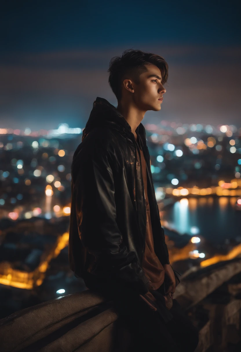 (Masterpiece), Best quality, 超高分辨率, young man, cyberpunk 1guy flying above stunning cityscape ,The lights on the clothes came on,There is a tattoo on the neck,Hoodie,brown hair, neon color shooting stars, wavy hair, cropped shoulders, Neon colors, Twinkle, stunning night sky, Cinematic lighting, Photorealistic, Realistic skin, hdr,fish eye