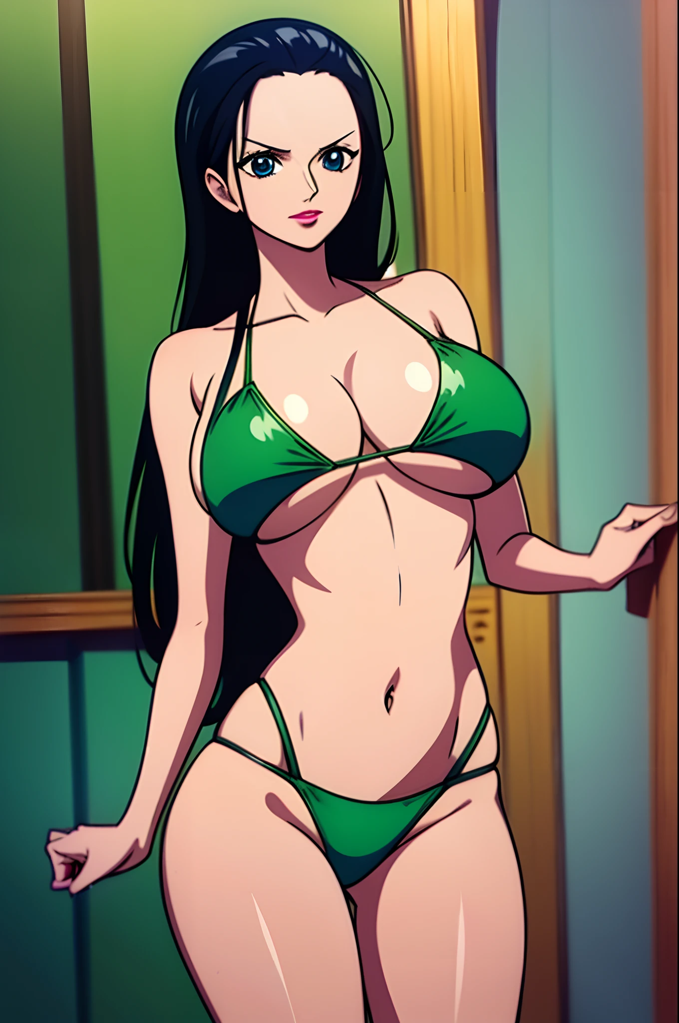 Nico Robin from One Piece wearing a tight green bikini, Dynamic body posture، On a yacht, shiny white skin, sexy position, blue eyes, high quality eyes, puffy red lips, high quality lips, big ass, big boobs, showing the ass, best quality.