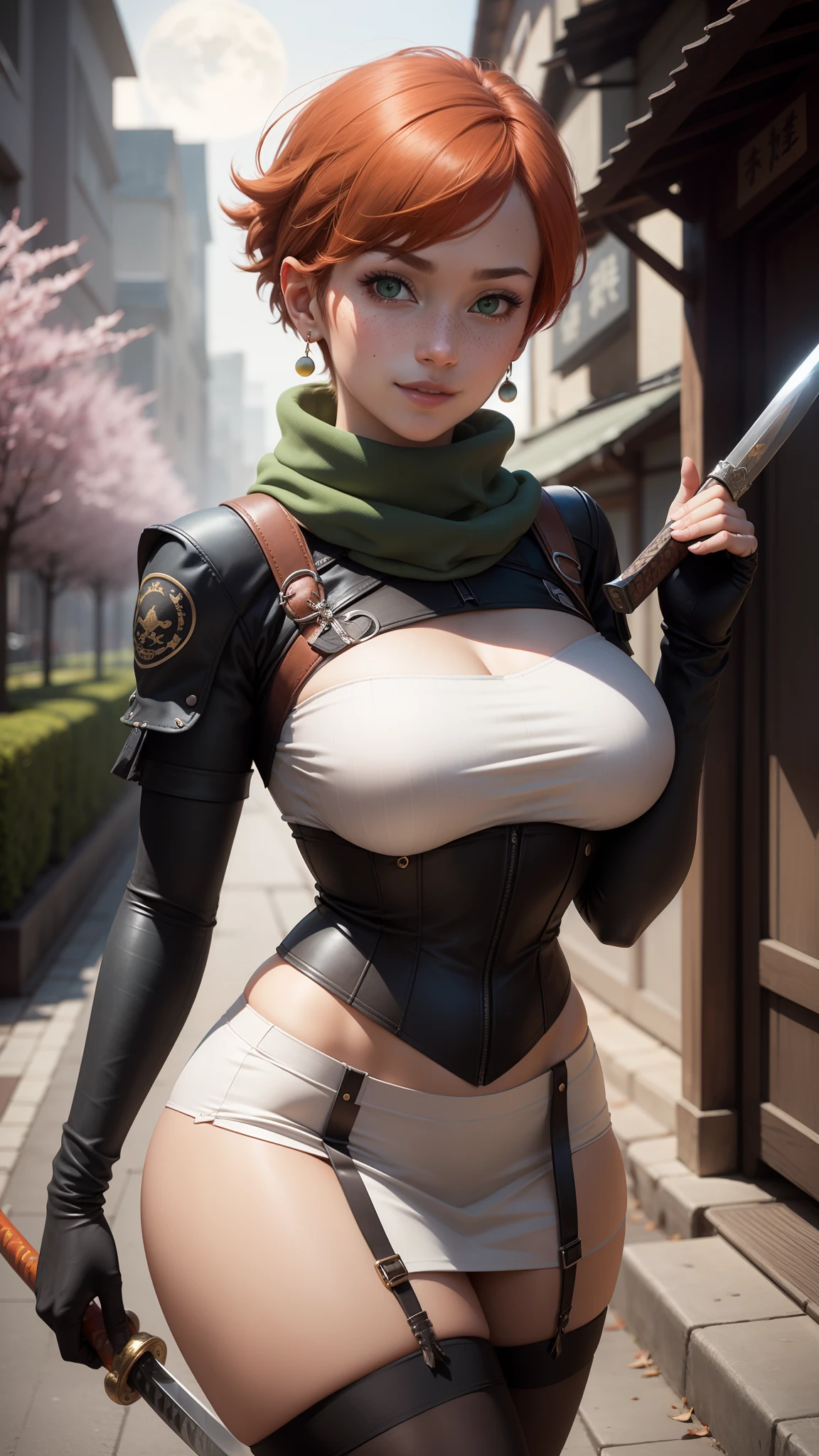 gwen tennyson,tracer,yorha 2b,rebecca chambers,ninja outfit,japan,samurai armor,teenager,green eyes,garter belt, thigh high boots,short hair,orange hair,moonlight,cherry blossom,shy smile,white striped top, bodycon skirt,freckles,redhead,ninja corset, beautiful girl,large breasts,ultra detailed,realistic,long scarf,silver earrings,holding a katana,