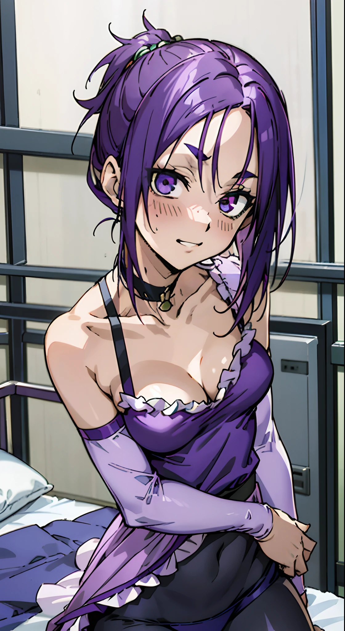 masutepiece, Best Quality, Ultra-detailed, Colorful,Up-close, Hyper-detailing,purple color hair, shoulder length hair, Reo Mikage, Blue Lock, no sleeves, Camisole, Blue Camisole, Cheongsam, chinese clothes, Skirt underdress, Frill panniers, Chest exposure, Underwear, Ruffled underwear, Metamorphosis is exposed, Choker, Black Choker, arm warmer, Sexy breasts, Scar, Big breasts, red blush, 1girl in, Solo, Sharp face, Heterochromia, Green eyes, Purple eyes, Bare neck, Happy face, Bedroom, bed, Bare legged, leggins, Black Leggings, PILLOWS, Blue pillow