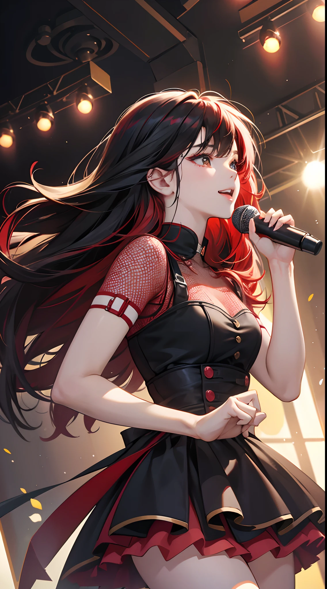(Best Quality,4K,High resolution), 18yo woman, Red mesh hair on black hair, Long hair, Straight hair,  , Comical appearance，stage,idol，Let's sing together today，Even if you dream, Dreaming, Laughing, If you have a dream，Lasts forever
