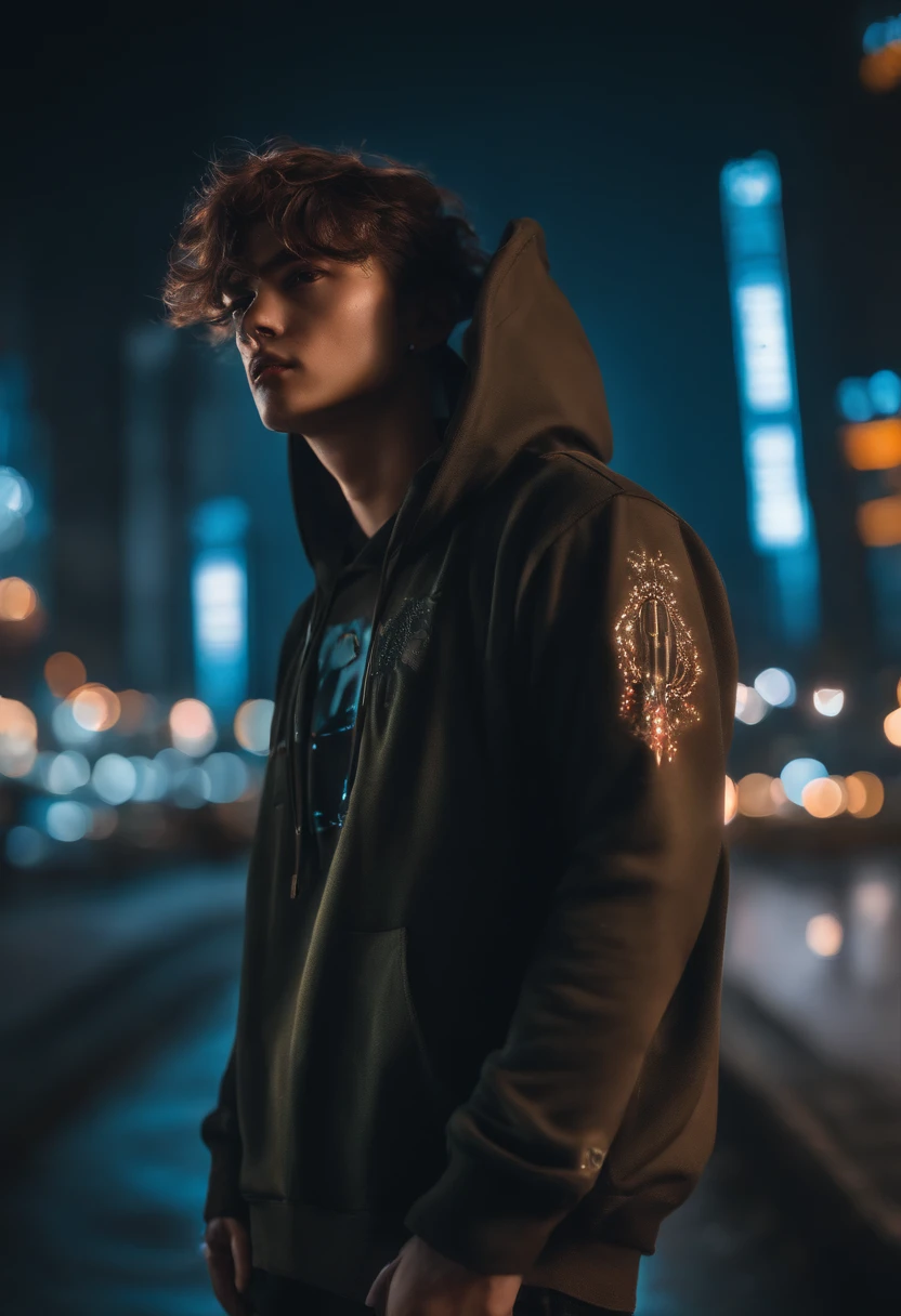 (Masterpiece), Best quality, 超高分辨率, young man, cyberpunk 1guy flying above stunning cityscape ,The lights on the clothes came on, There is a tattoo on the neck, techwear Hoodie, brown hair, neon color shooting stars, wavy hair, cropped shoulders, Neon colors, Twinkle, stunning night sky, Cinematic lighting, Photorealistic, Realistic skin, hdr,fish eye