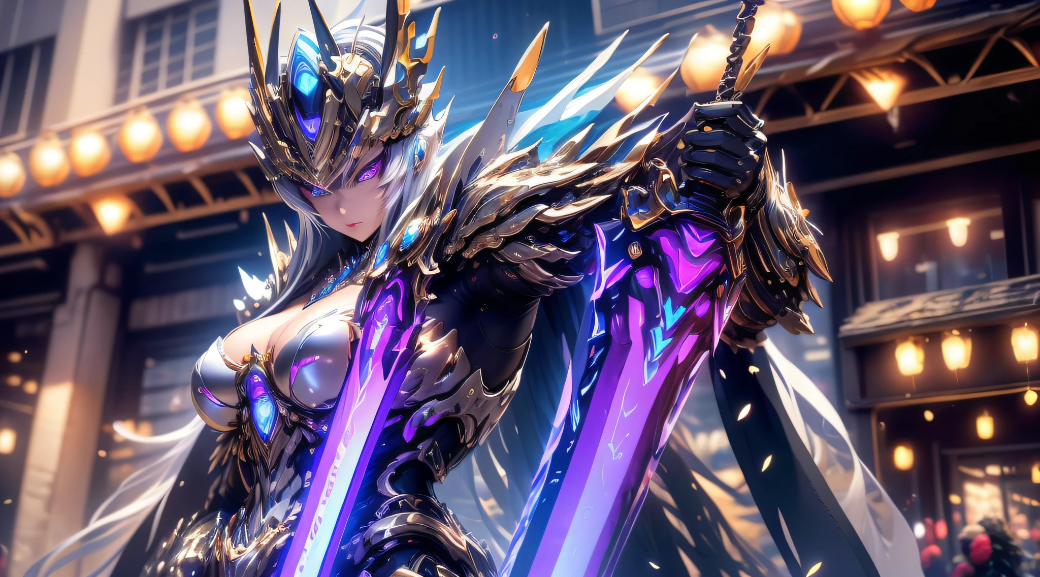 top-quality、​masterpiece、超A high resolution、(Photorealsitic:1.4)、Raw photo、Steampunk Battle Cyborg Angel、large wings made of metal、White porcelain body、Acrylic Clear Cover、white hair、glowy skin、1 Cyborg Girl、((super realistic details))、portlate、globalillumination、Shadow、octan render、8K、ultrasharp、character edge light,Colossal tits、Raw skin is exposed in cleavage、Details of complex ornaments、Sumerian details、Hydraulic cylinder、Small LED lamp、highly intricate detail、Realistic light、a purple eye、radiant eyes、Facing the camera、neon details、cowboy shot、Futuristic headgear、About Cyberpunk、、